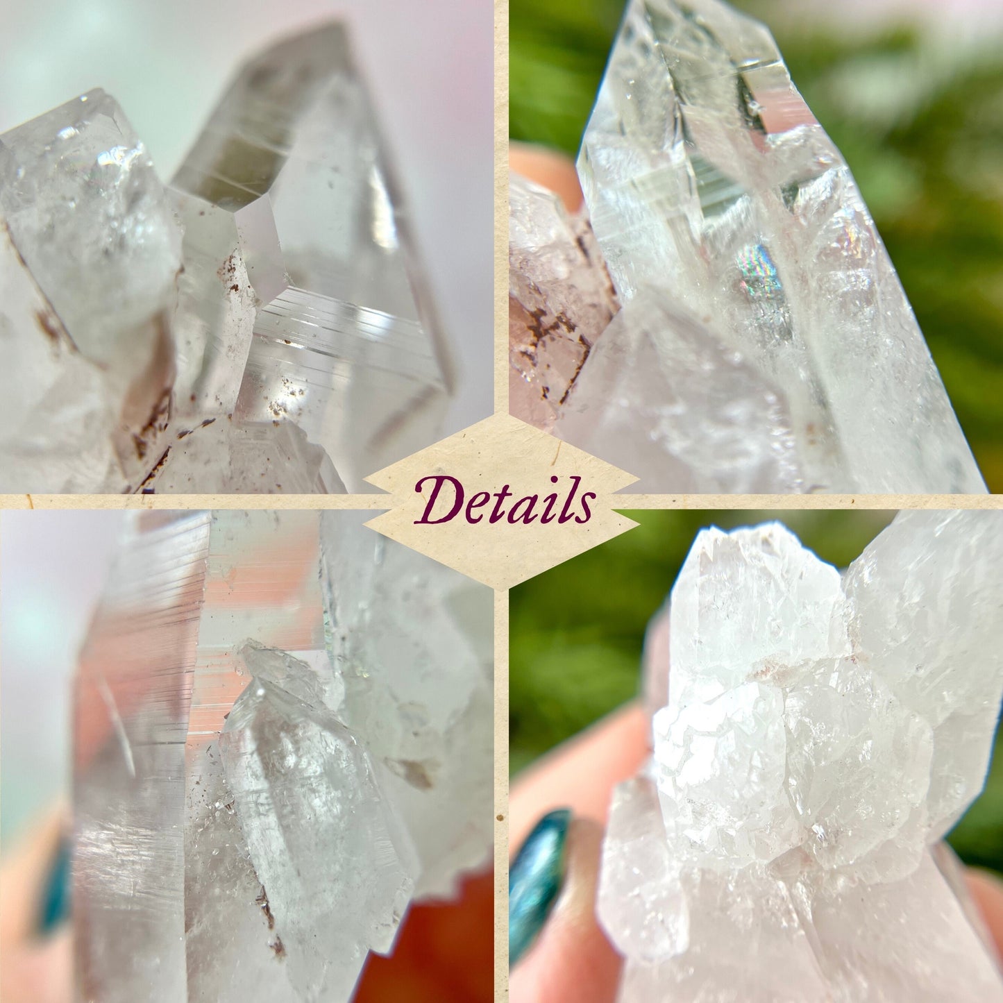 Close up of a Colombian clear Quartz crystal. It is very clear and has Lemurian horizontal lines.
