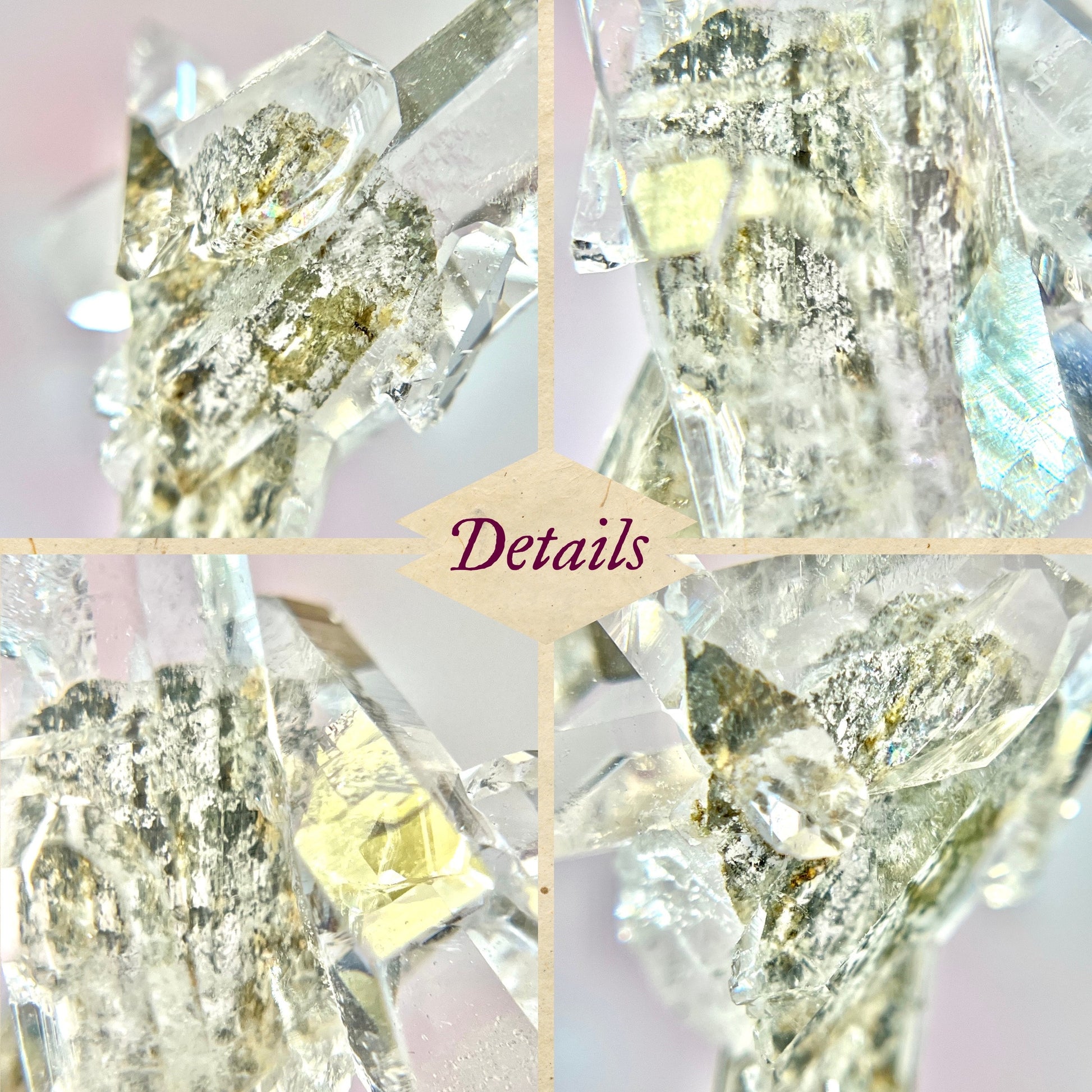 Close up of a small garden Quartz crystal point with chlorite inclusions. This mineral specimen is also called Lodolite, and is natural.