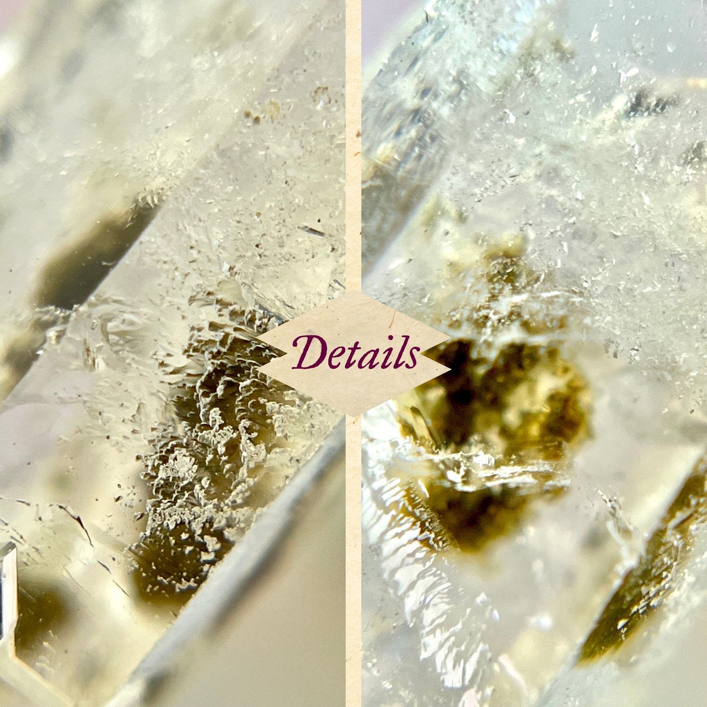 Close up of a small garden Quartz crystal point with chlorite inclusions. This mineral specimen is also called Lodolite, and is natural.