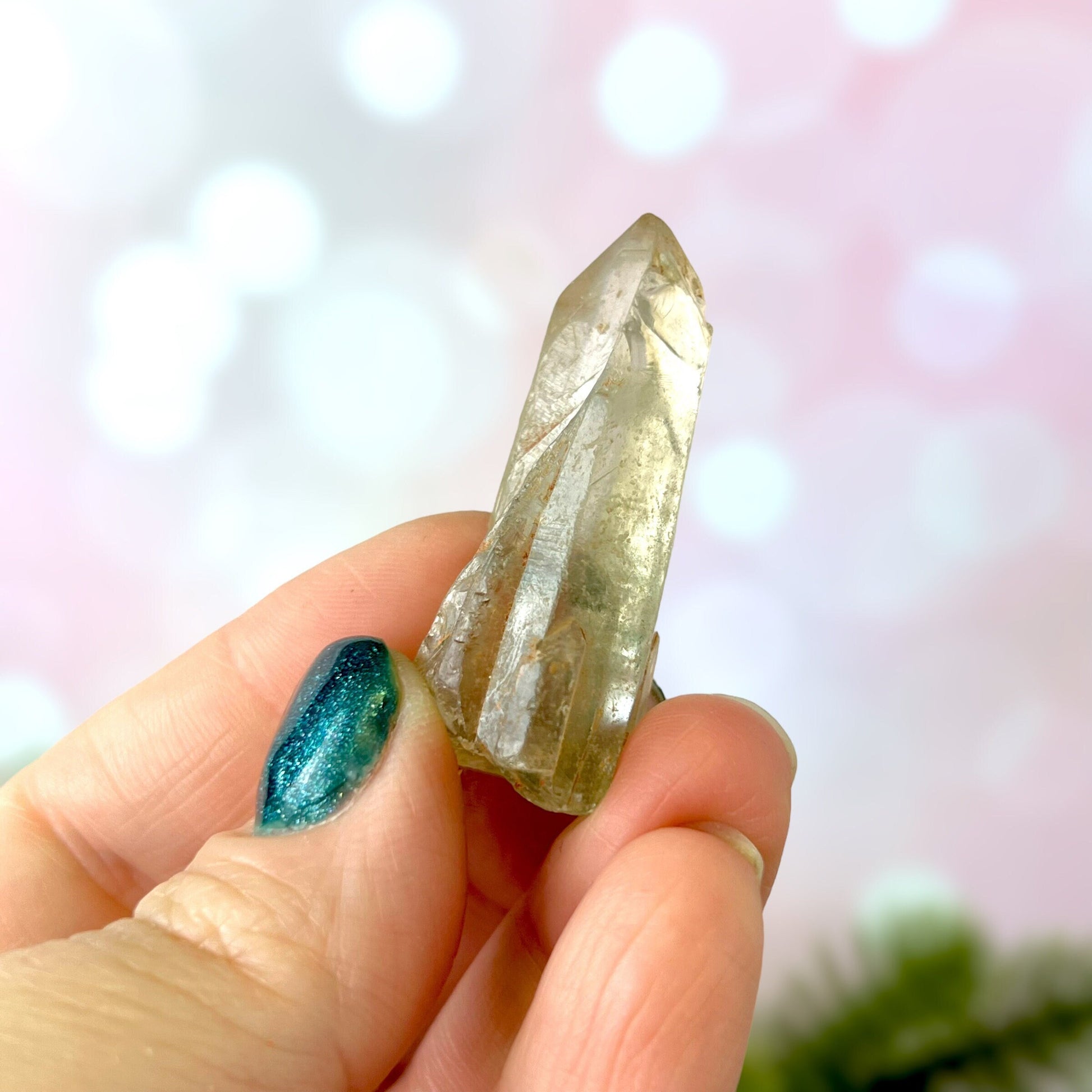 Close up of a small garden Quartz crystal point with chlorite inclusions. This mineral specimen is also called Lodolite, and is natural.