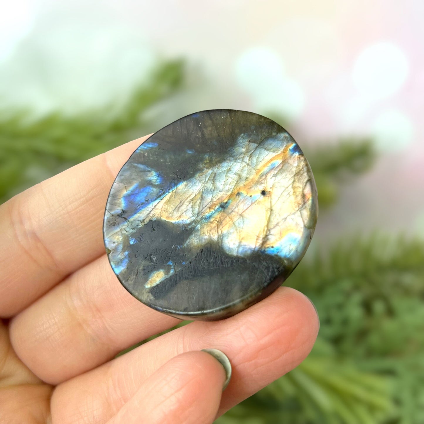 Labradorite Crystal cabochon carved into a circle. Features a unicorn head looking at a butterfly