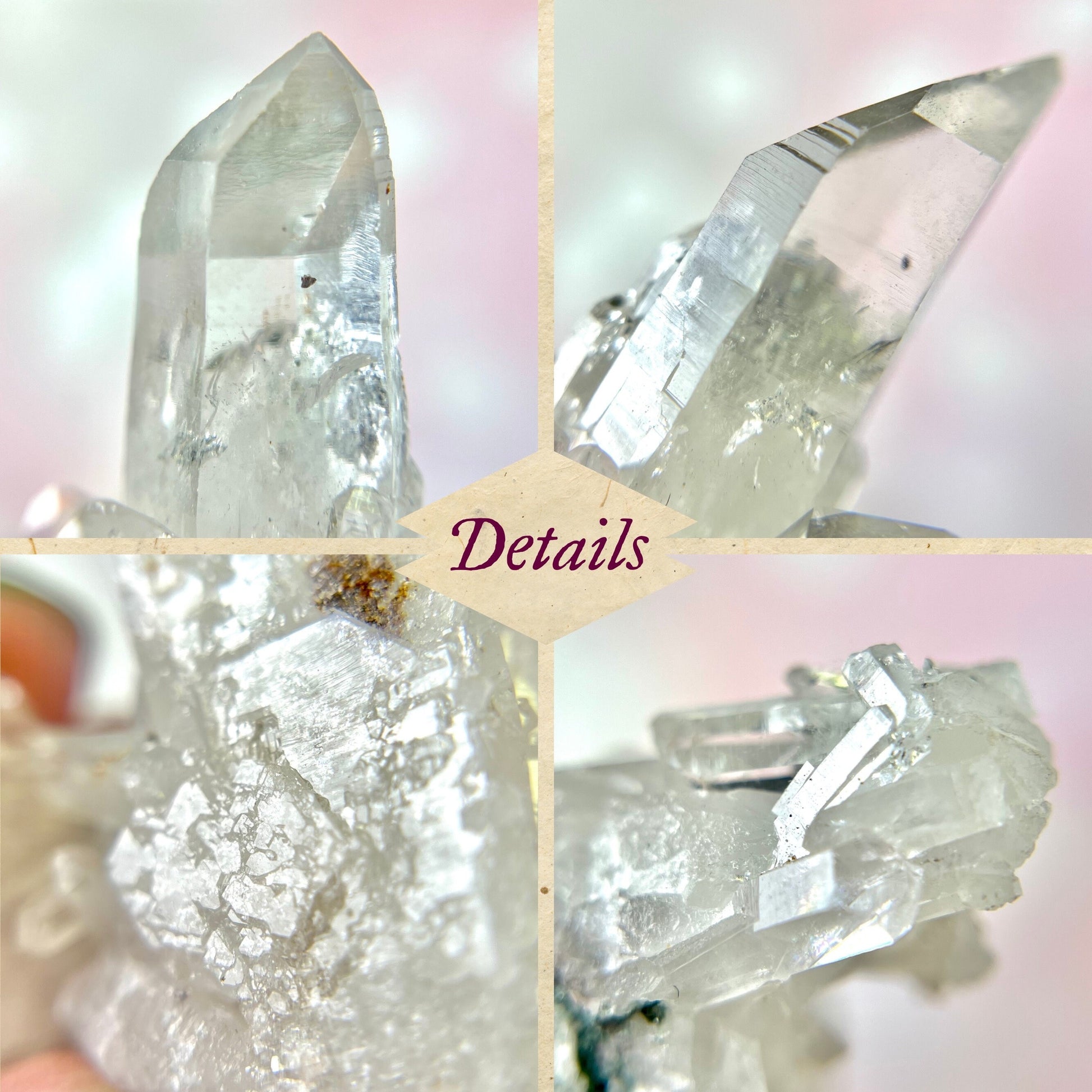 Close up of a Colombian clear Quartz crystal. It is very clear and has Lemurian horizontal lines.