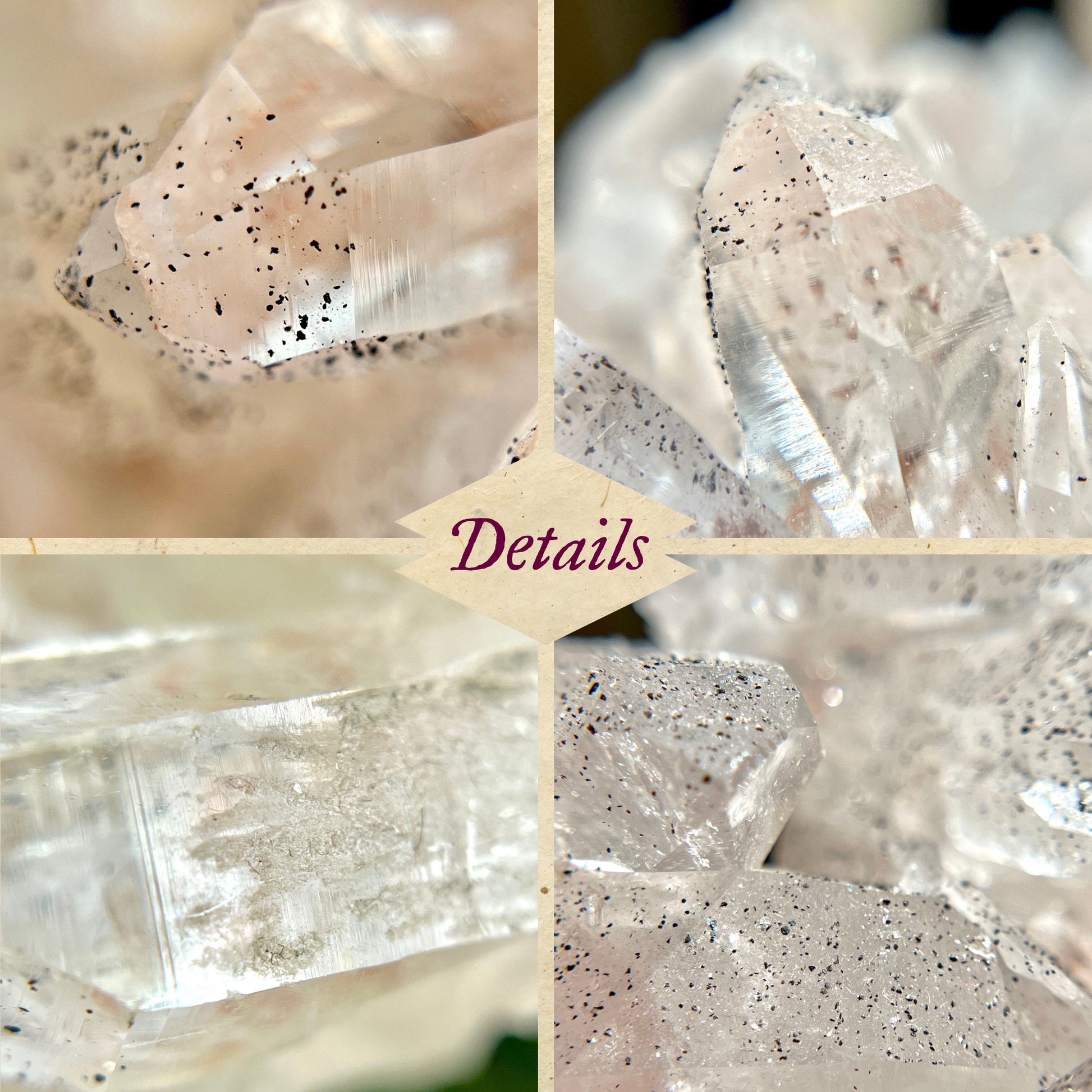 Close up of a Himalayan Quartz crystal cluster covered with small pinprick inclusions of Black Hematite.