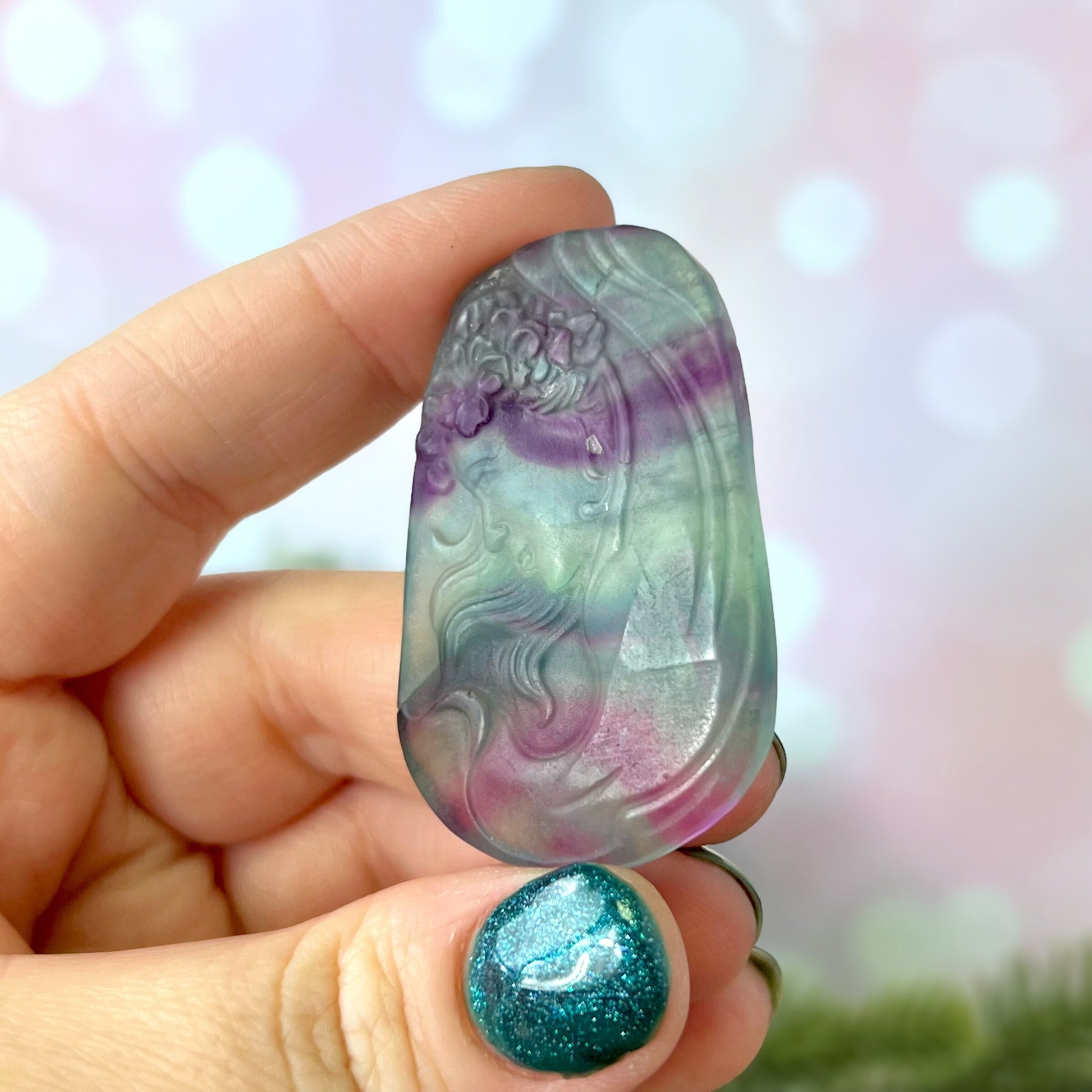 Rainbow Fluorite carved stone cabochon featuring an Art Nouveau Woman cameo
