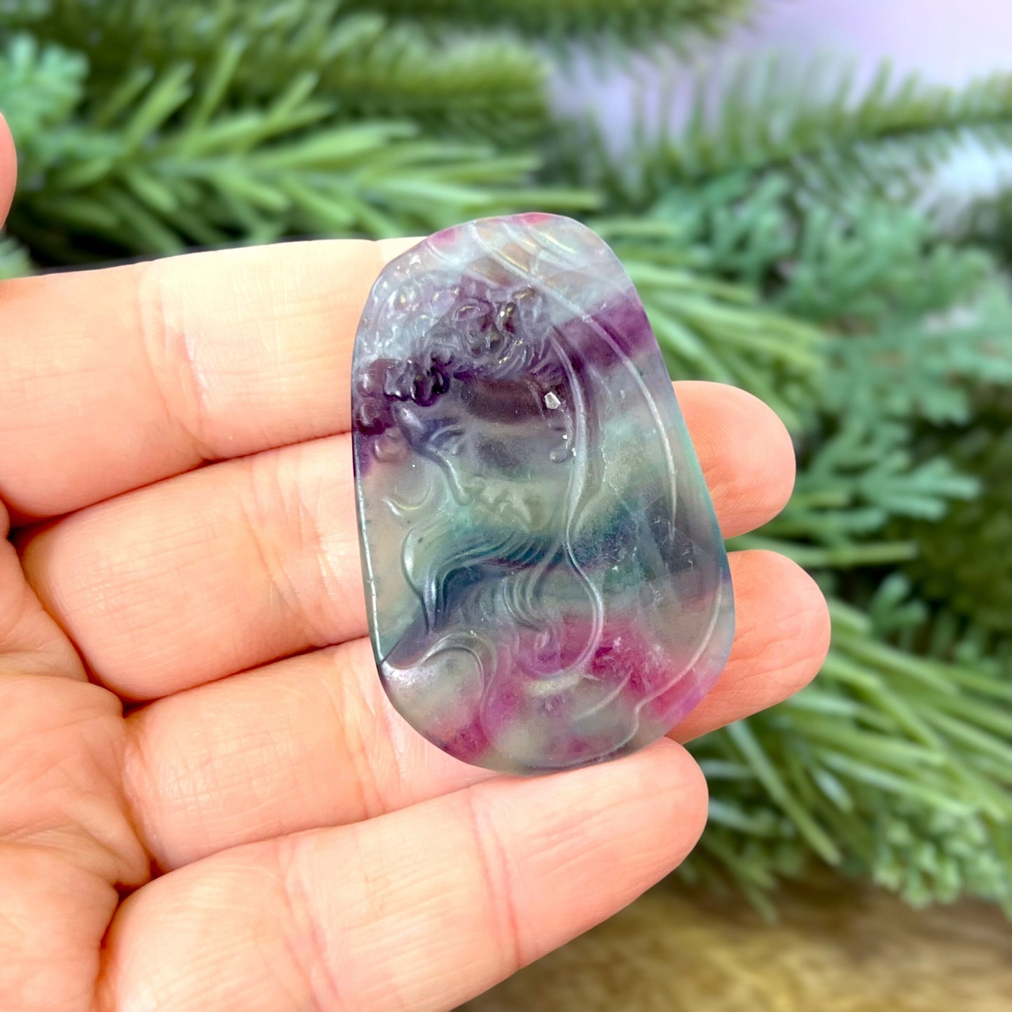 Rainbow Fluorite carved stone cabochon featuring an Art Nouveau Woman cameo