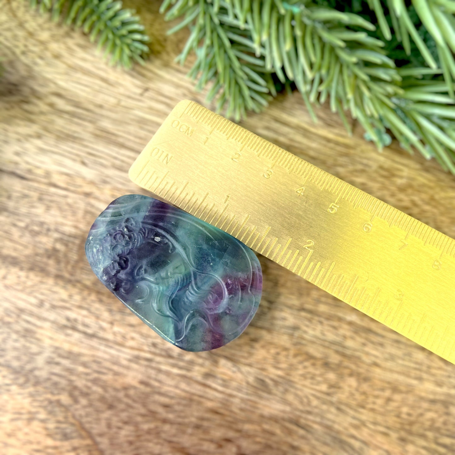 Rainbow Fluorite carved stone cabochon featuring an Art Nouveau Woman cameo
