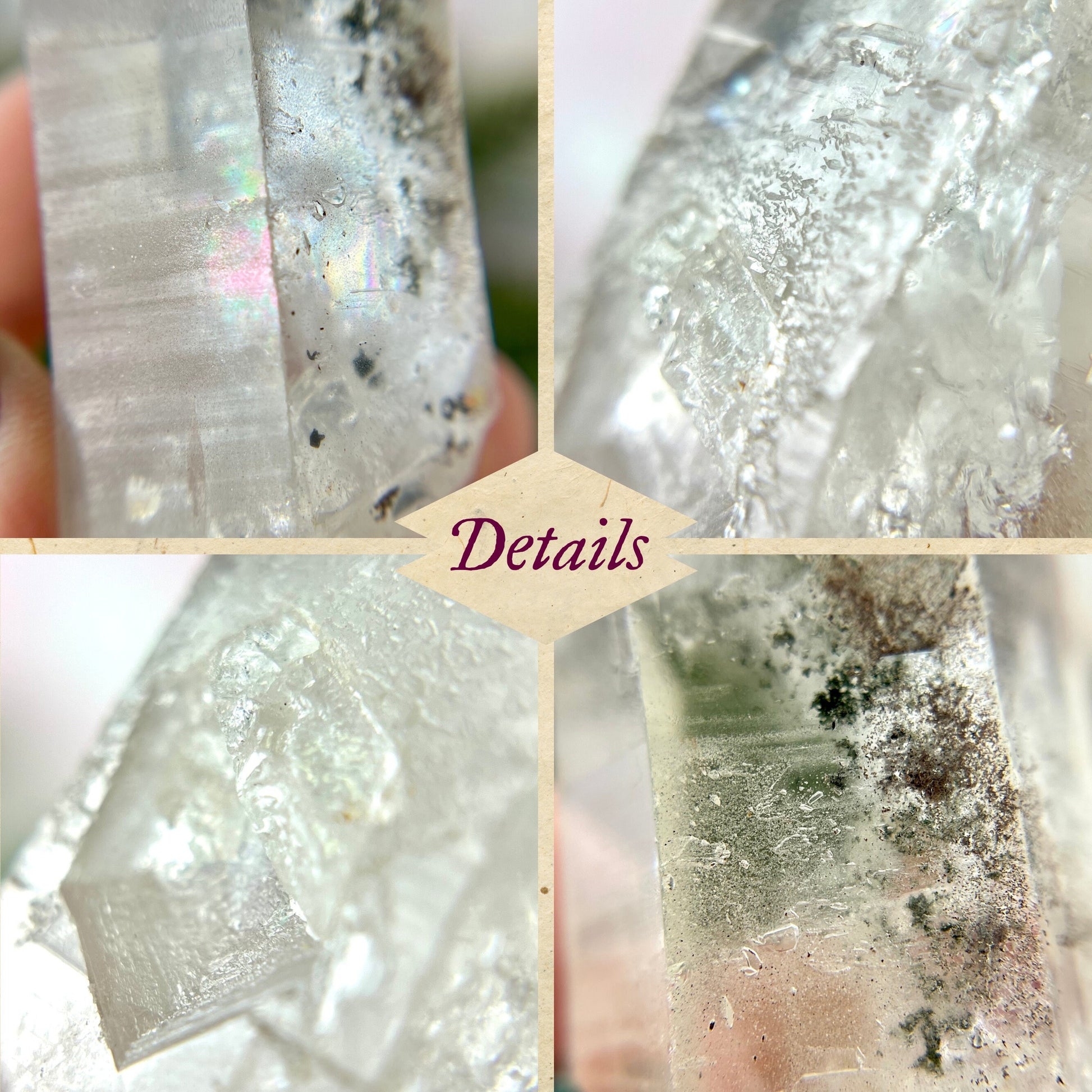 Close up of a small garden Quartz crystal point with chlorite inclusions. This mineral specimen is also called Lodolite, and is natural.