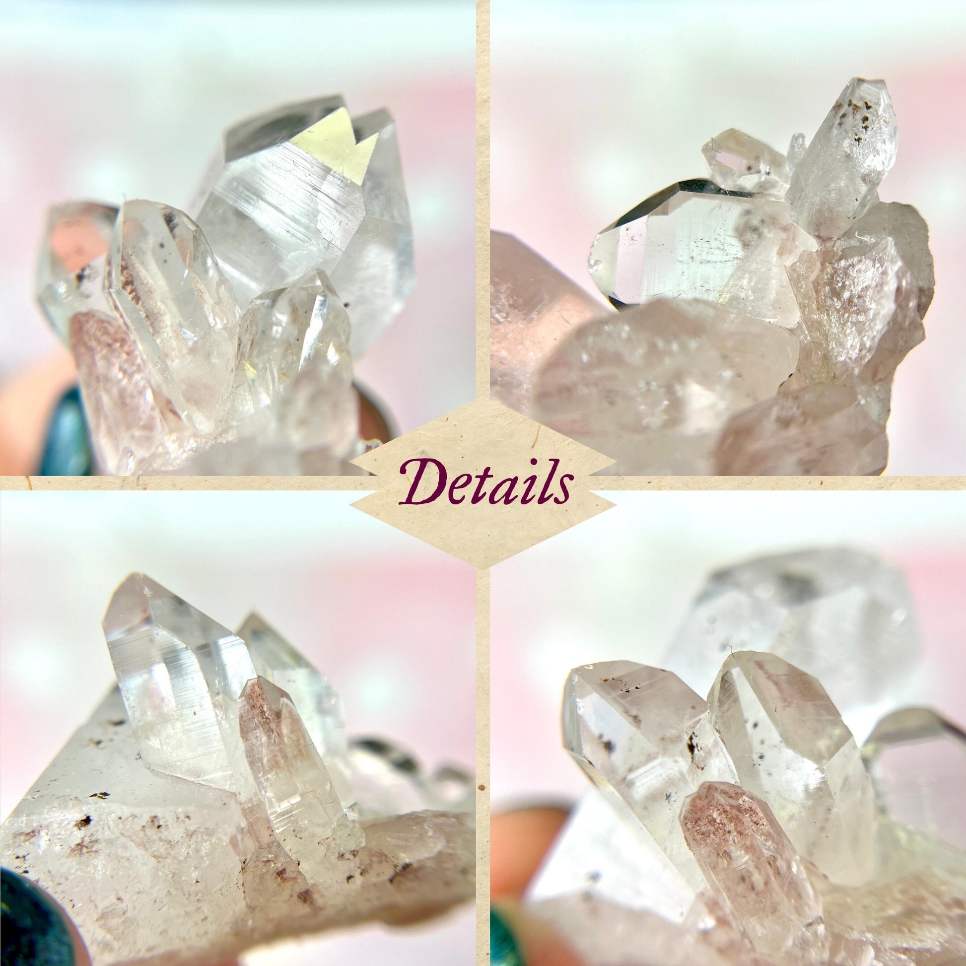 Close up of a Colombian clear Quartz crystal. It is very clear and has Lemurian horizontal lines.