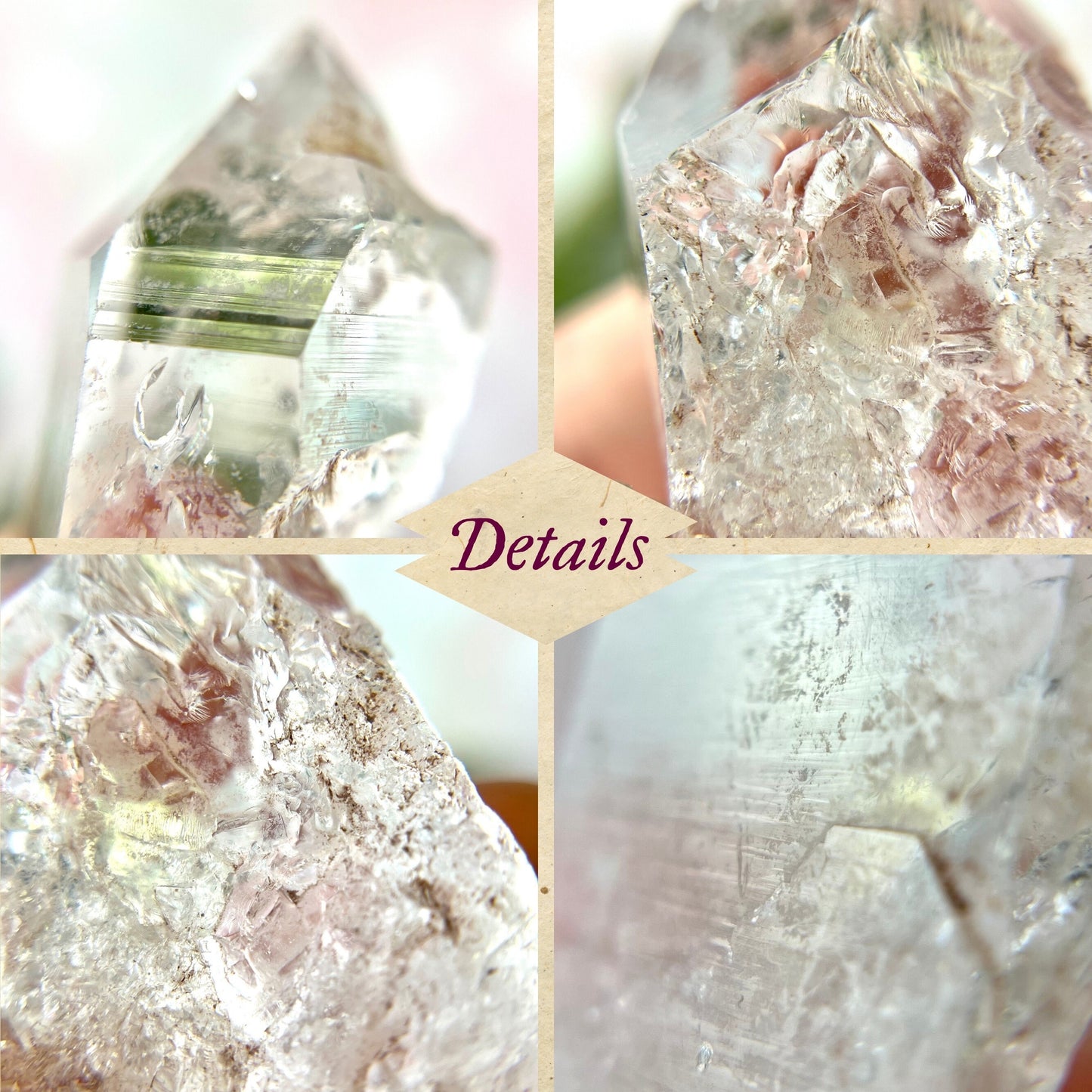 Close up of a Colombian clear Quartz crystal. It is very clear and has Lemurian horizontal lines.