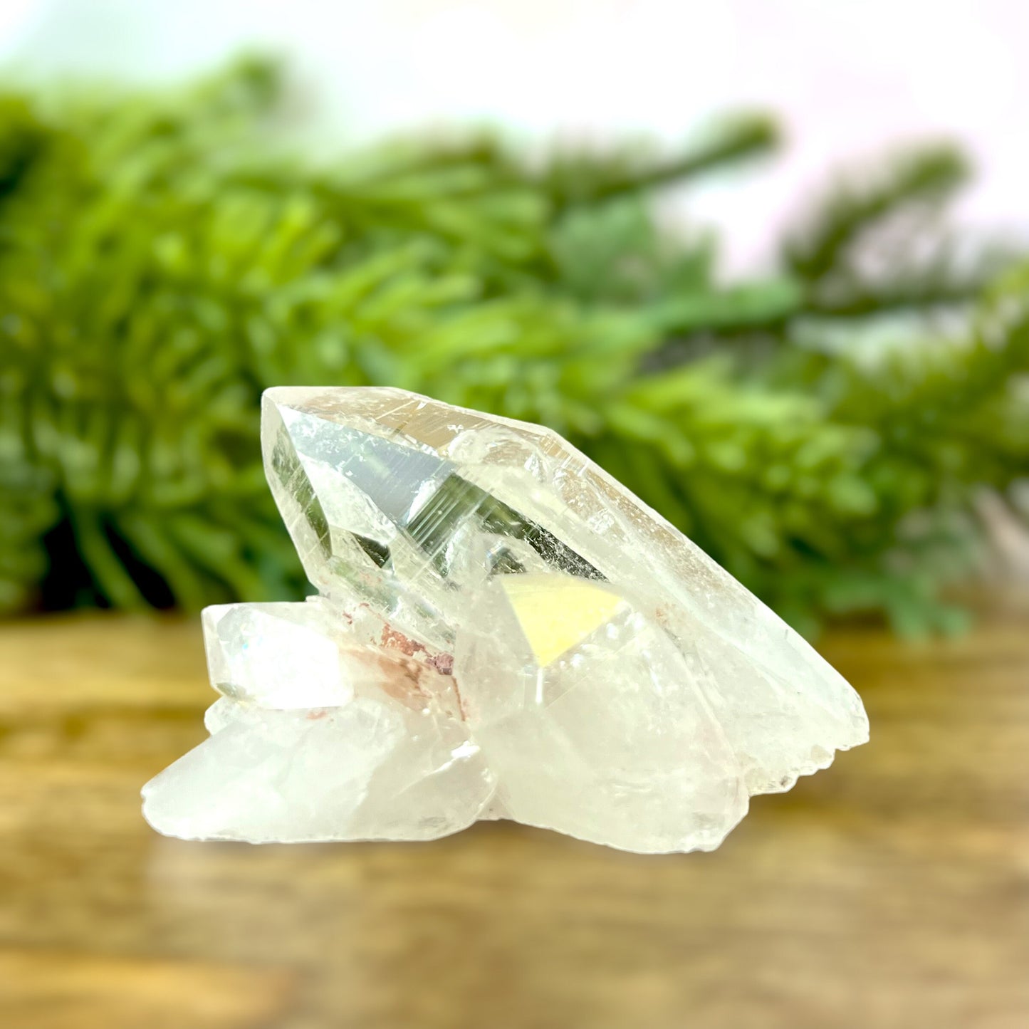 Close up of a Colombian clear Quartz crystal. It is very clear and has Lemurian horizontal lines.