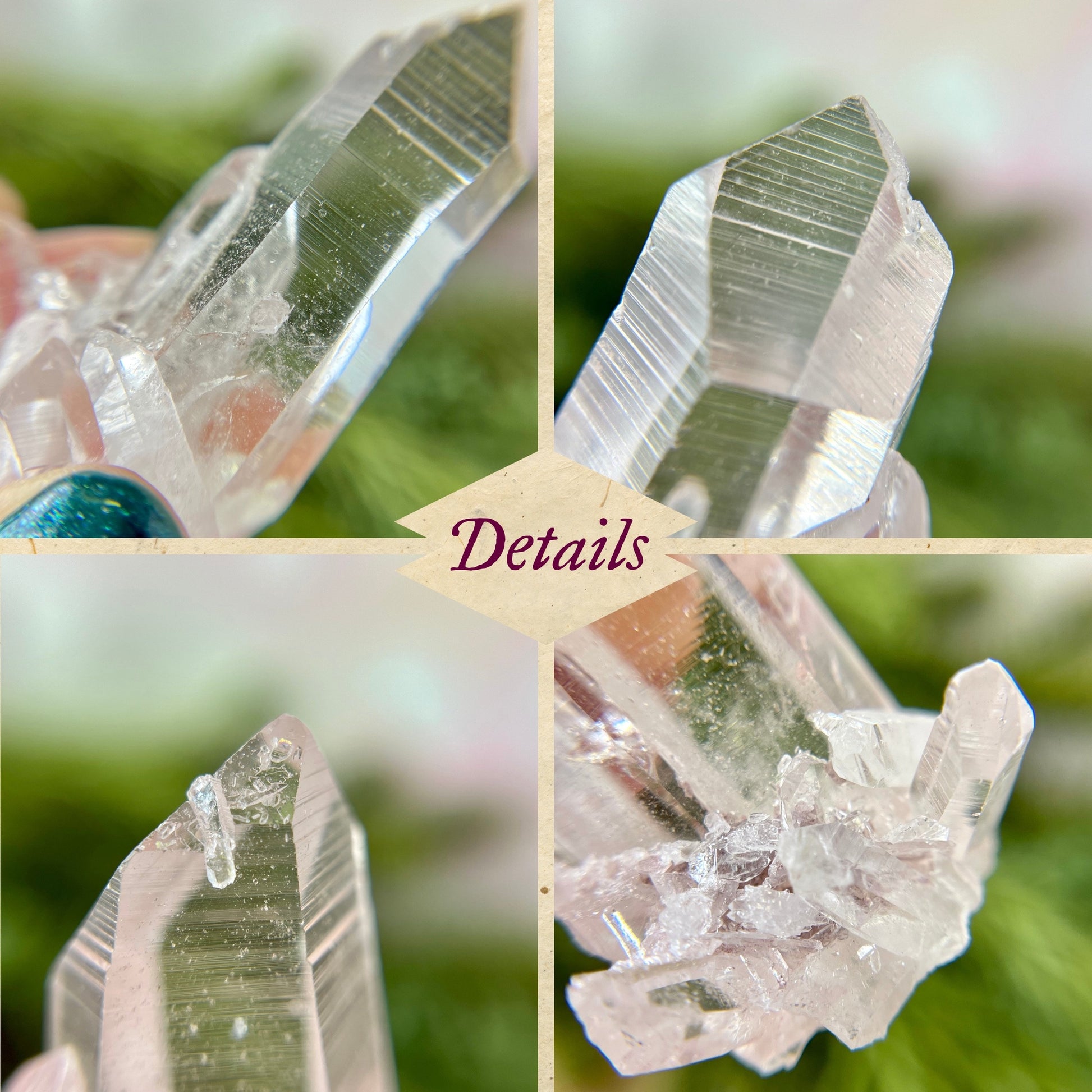 Close up of a Colombian clear Quartz crystal. It is very clear and has Lemurian horizontal lines.