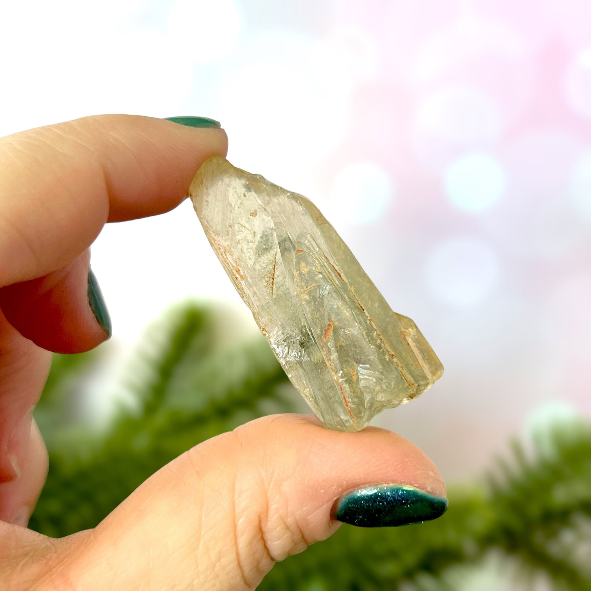 Close up of a small garden Quartz crystal point with chlorite inclusions. This mineral specimen is also called Lodolite, and is natural.