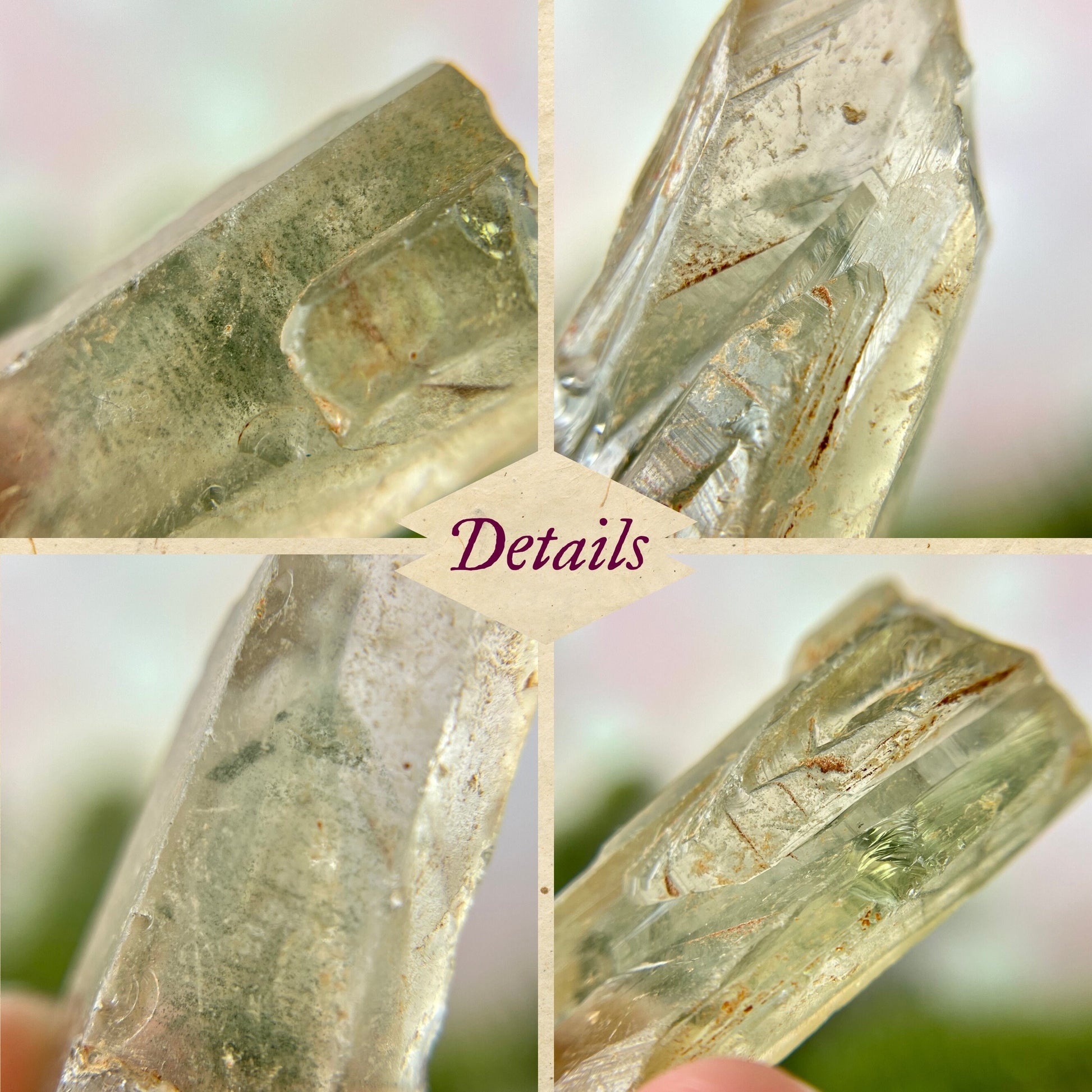 Close up of a small garden Quartz crystal point with chlorite inclusions. This mineral specimen is also called Lodolite, and is natural.