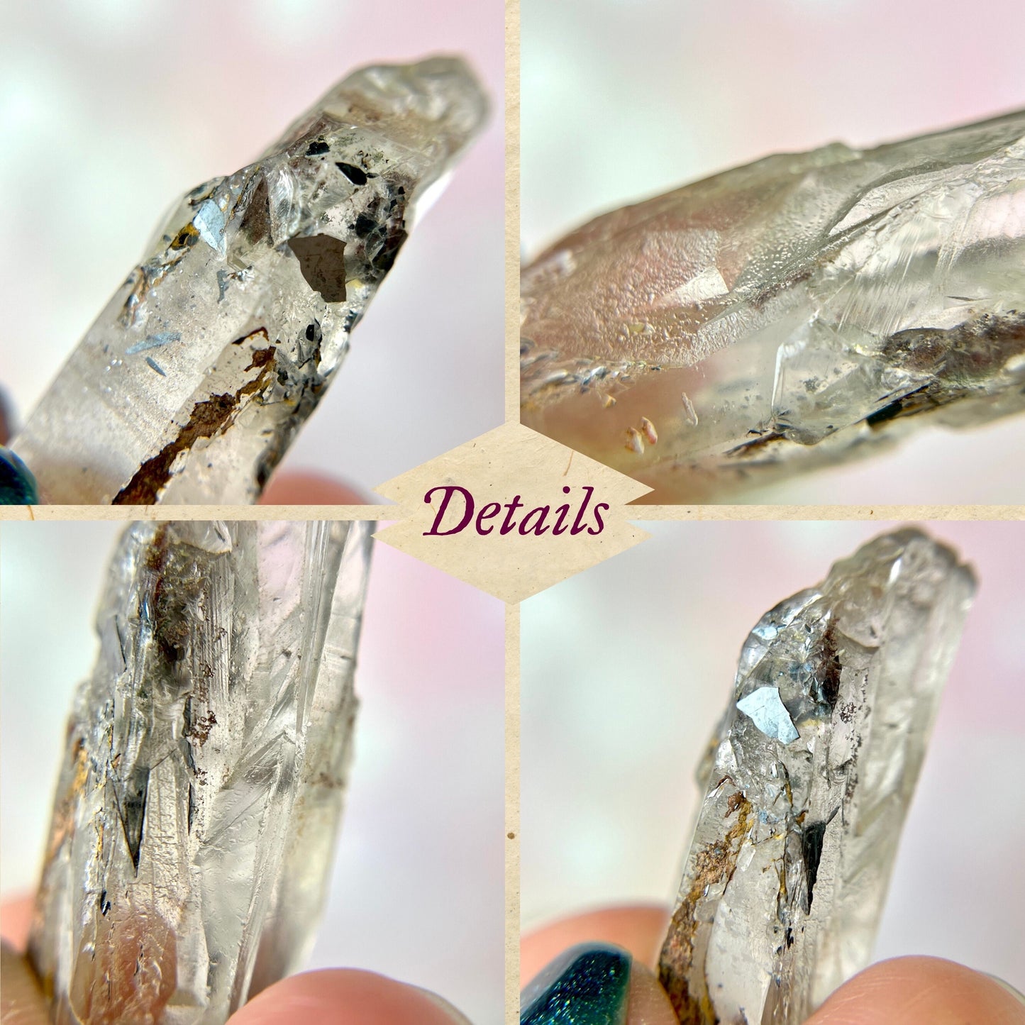 Close up of a small garden Quartz crystal point with chlorite inclusions. This mineral specimen is also called Lodolite, and is natural.
