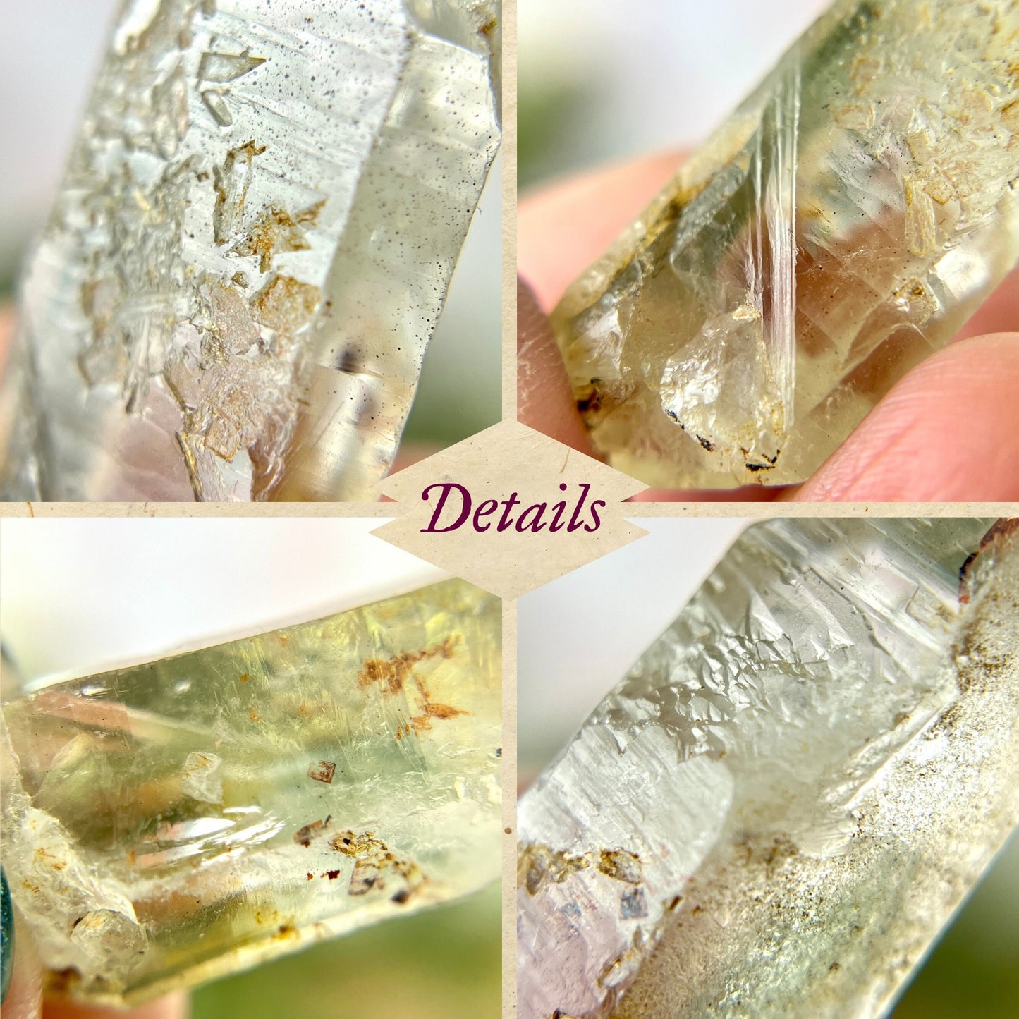 Close up of a small garden Quartz crystal point with chlorite inclusions. This mineral specimen is also called Lodolite, and is natural.