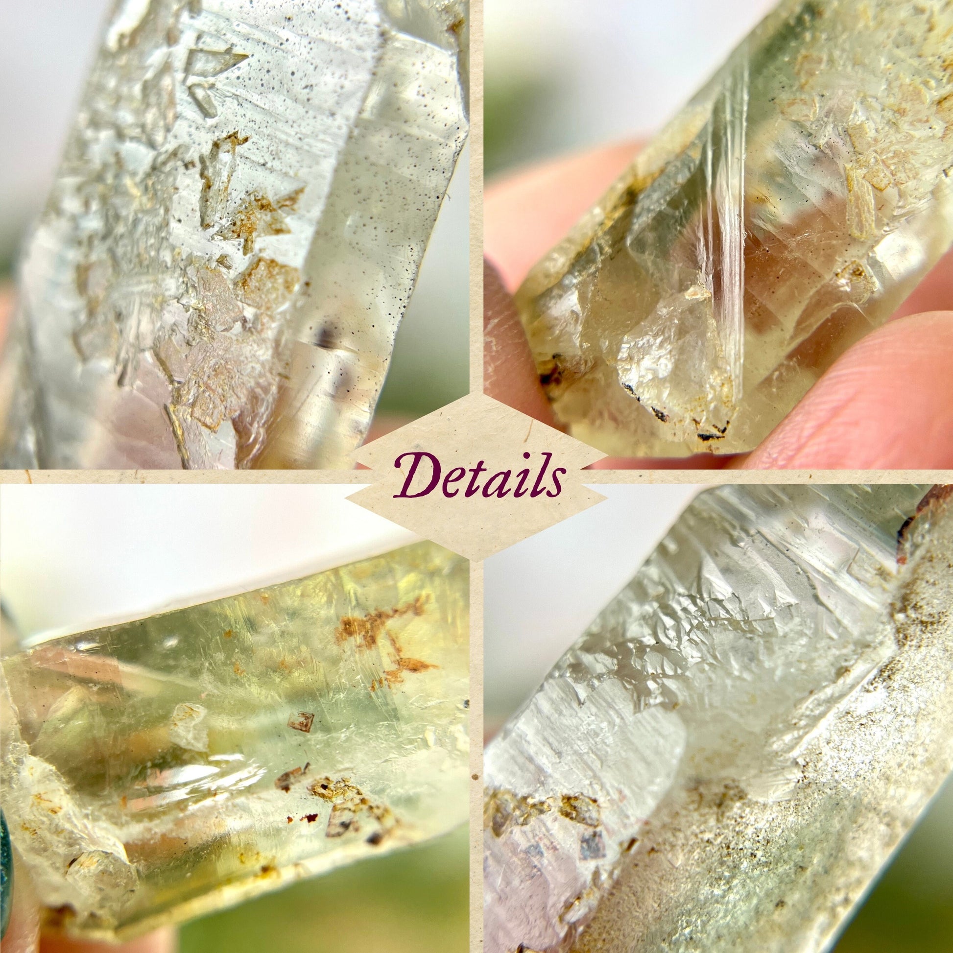 Close up of a small garden Quartz crystal point with chlorite inclusions. This mineral specimen is also called Lodolite, and is natural.