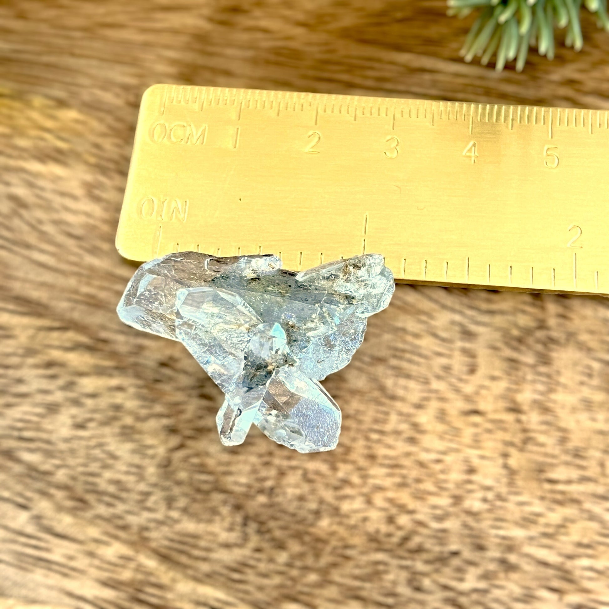 Close up of a small garden Quartz crystal point with chlorite inclusions. This mineral specimen is also called Lodolite, and is natural.