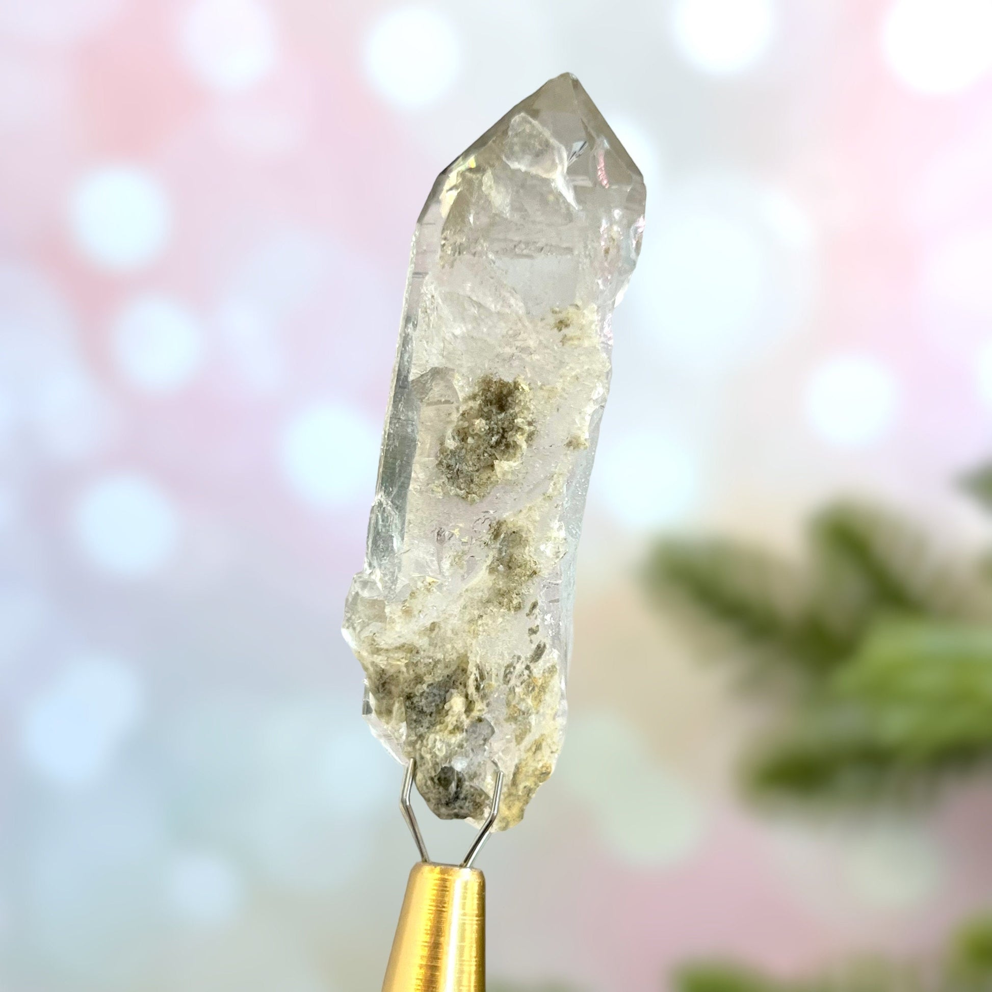 Close up of a small garden Quartz crystal point with chlorite inclusions. This mineral specimen is also called Lodolite, and is natural.