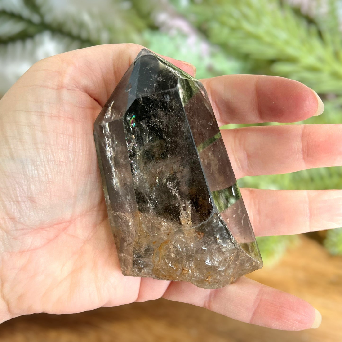 Polished Lodolite Garden Quartz with a raw bottom, from Brazil.