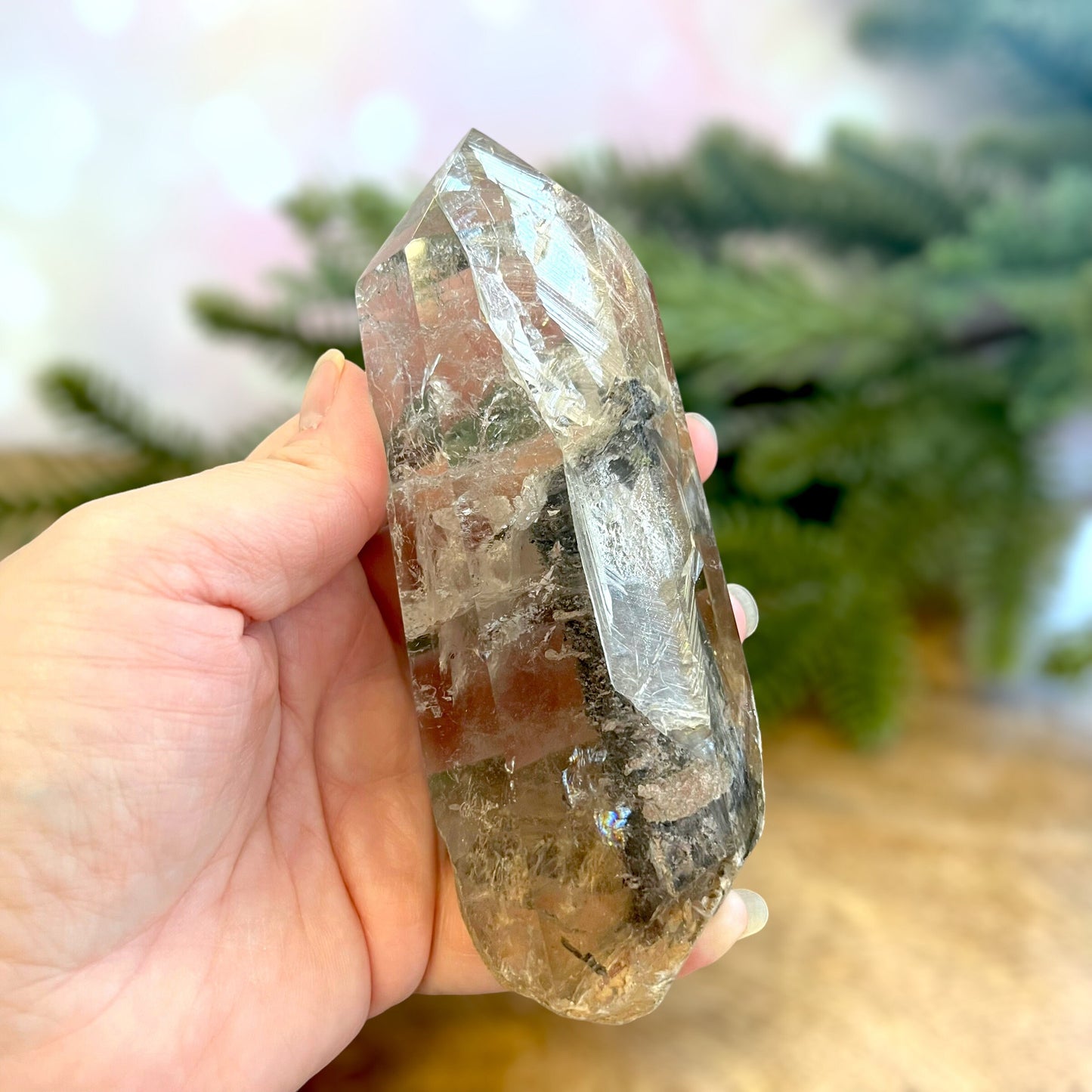 Polished Lodolite Garden Quartz with a raw bottom, from Brazil.