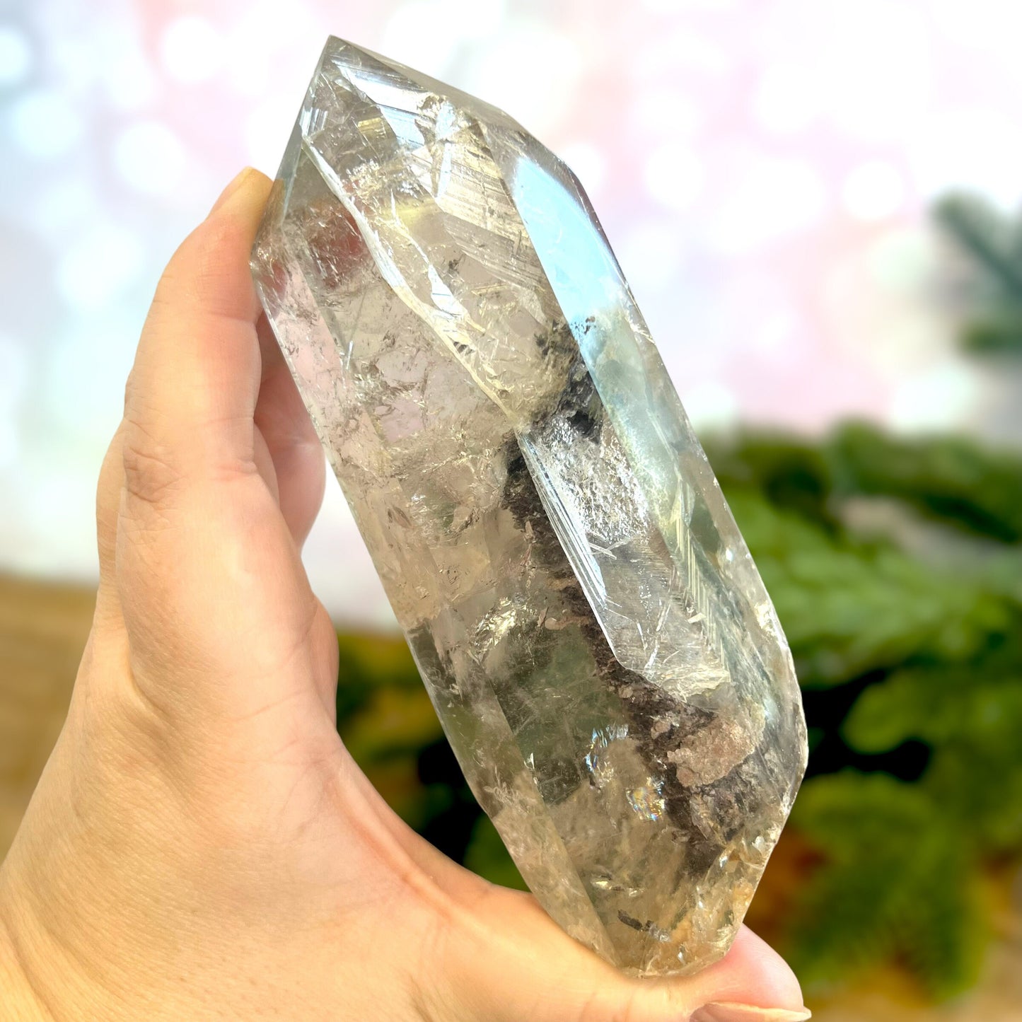 Polished Lodolite Garden Quartz with a raw bottom, from Brazil.