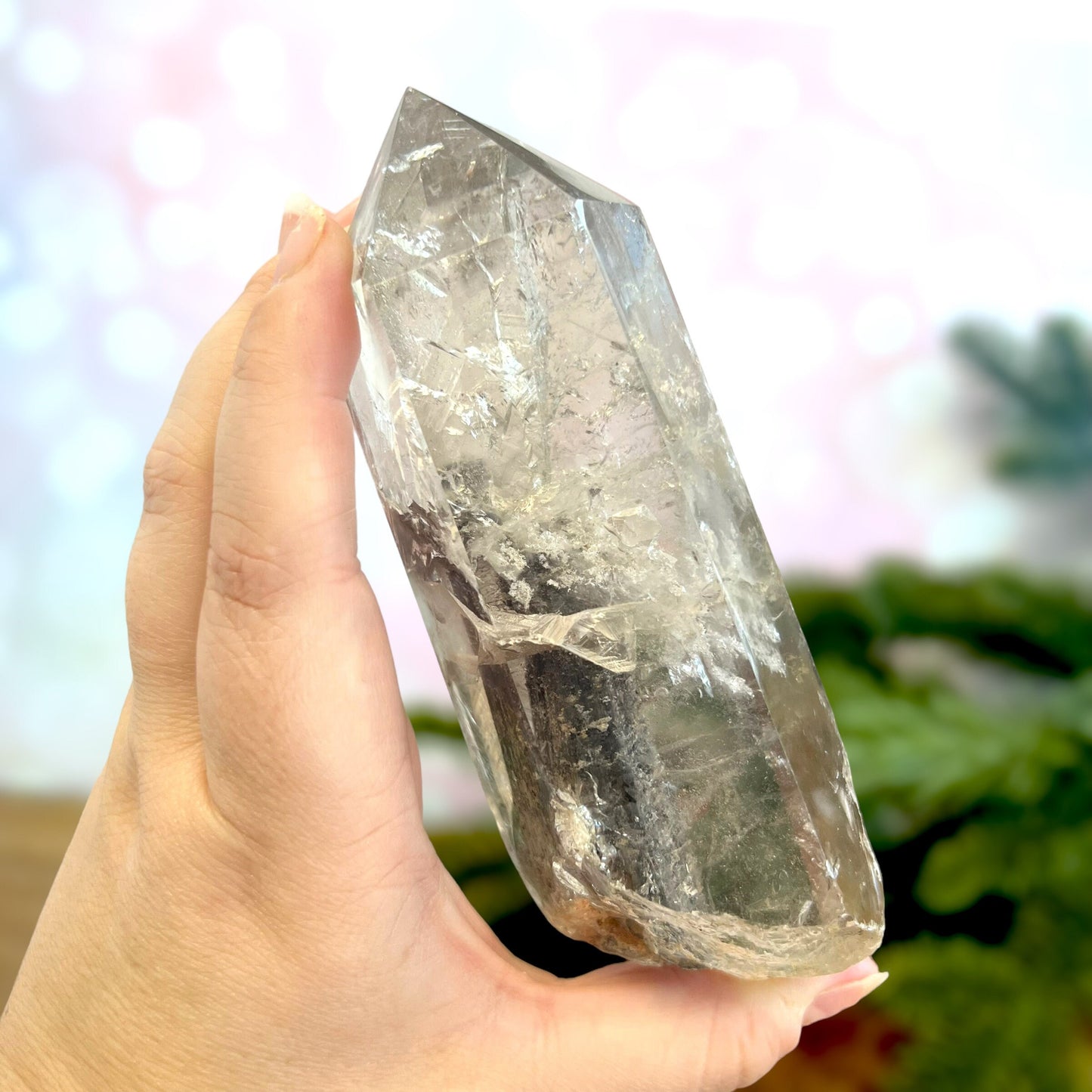 Polished Lodolite Garden Quartz with a raw bottom, from Brazil.