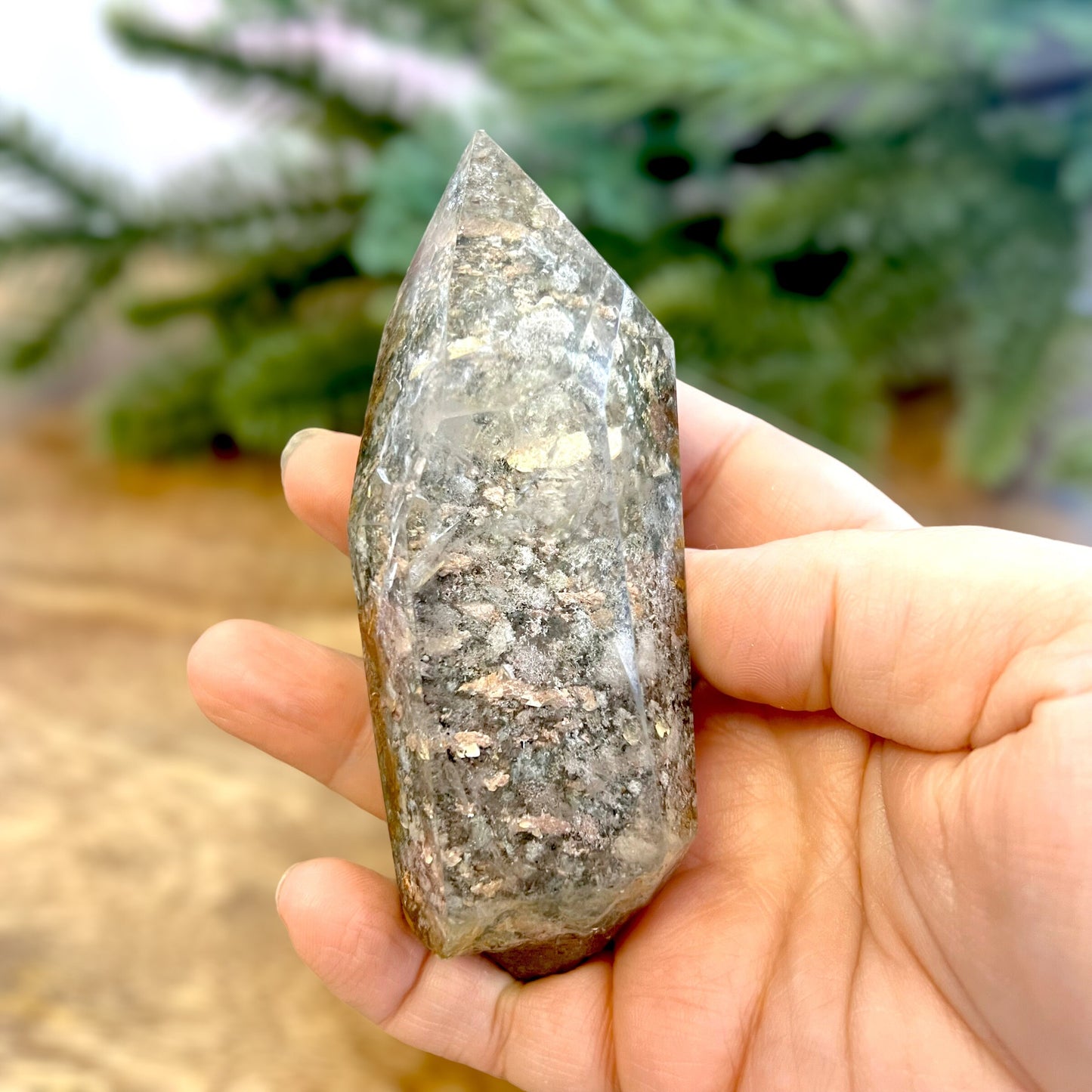 Lodolite Crystal carved and polished free form. Natural Garden Quartz from Brazil