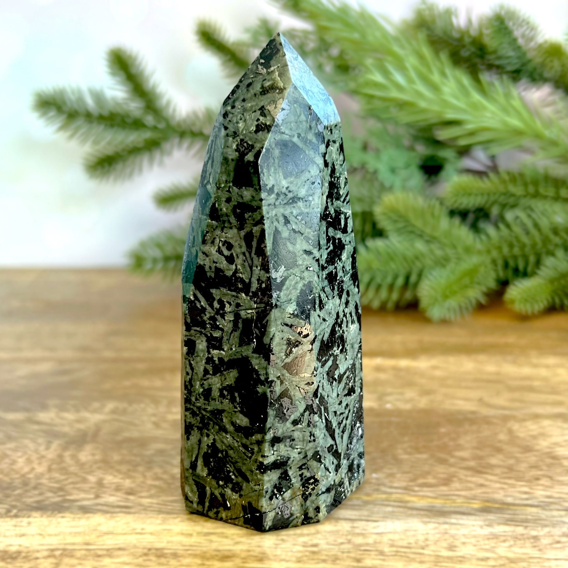 Green and Black Galaxy Jasper natural freeform carved and polished tower