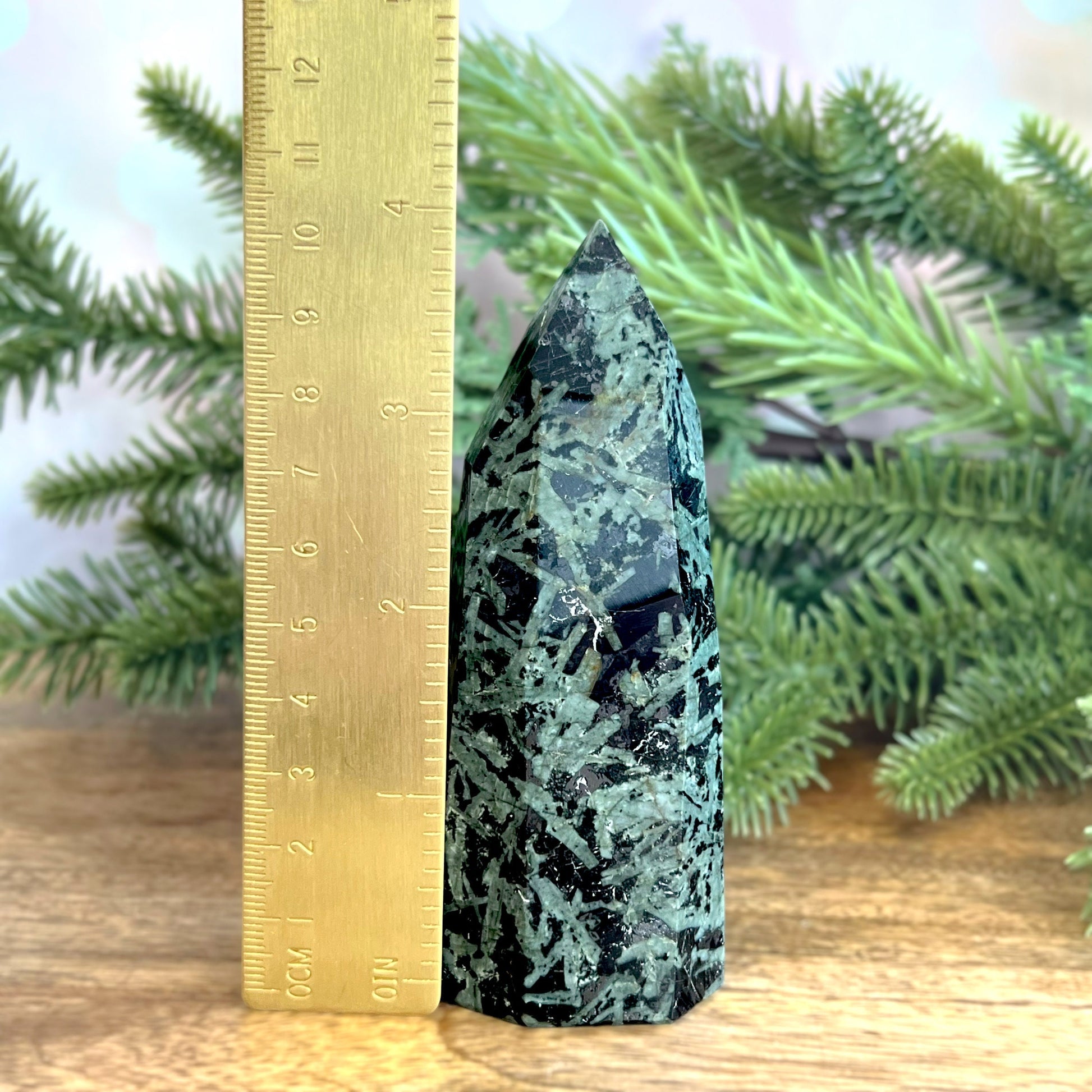 Green and Black Galaxy Jasper natural freeform carved and polished tower