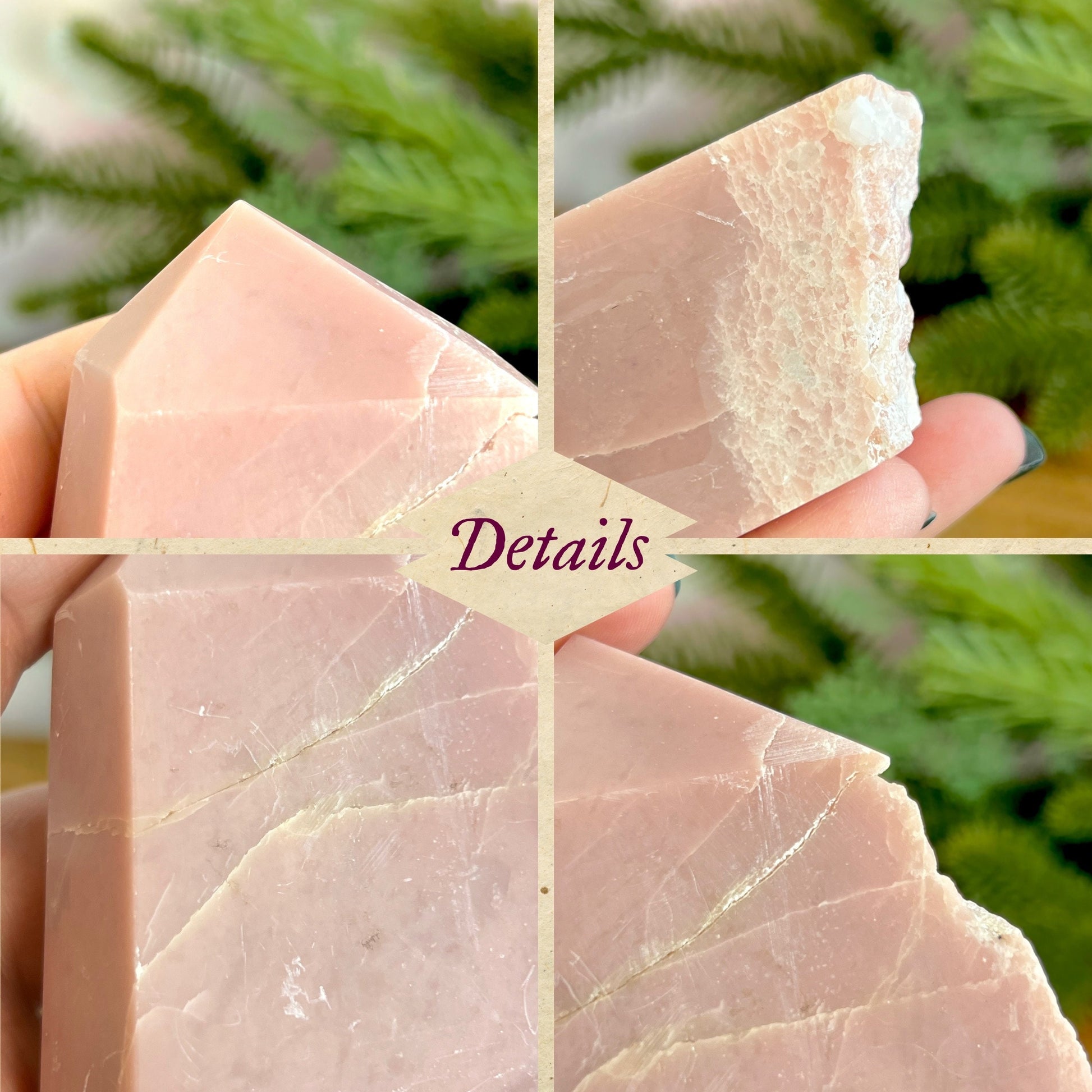 Pink Opal crystal Tower with one face raw edge. Possibly repaired crack.