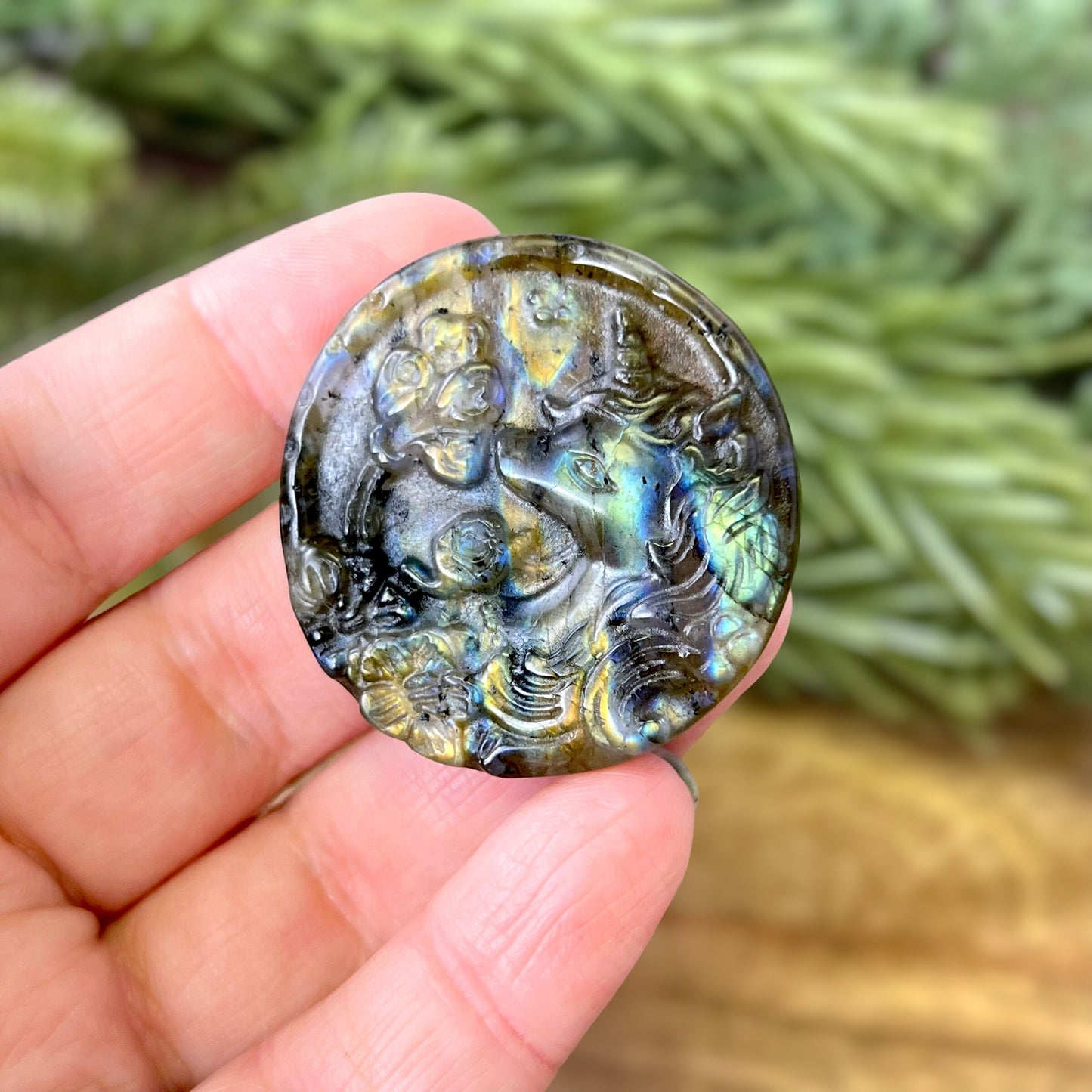 Labradorite Crystal cabochon carved into a circle. Features a unicorn head looking at a butterfly