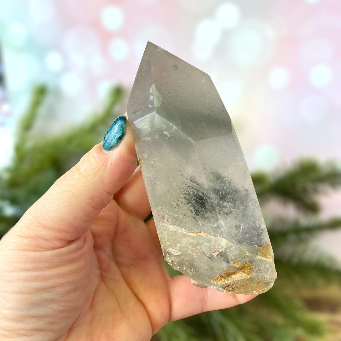 Polished Lodolite Garden Quartz with a raw bottom, from Brazil.
