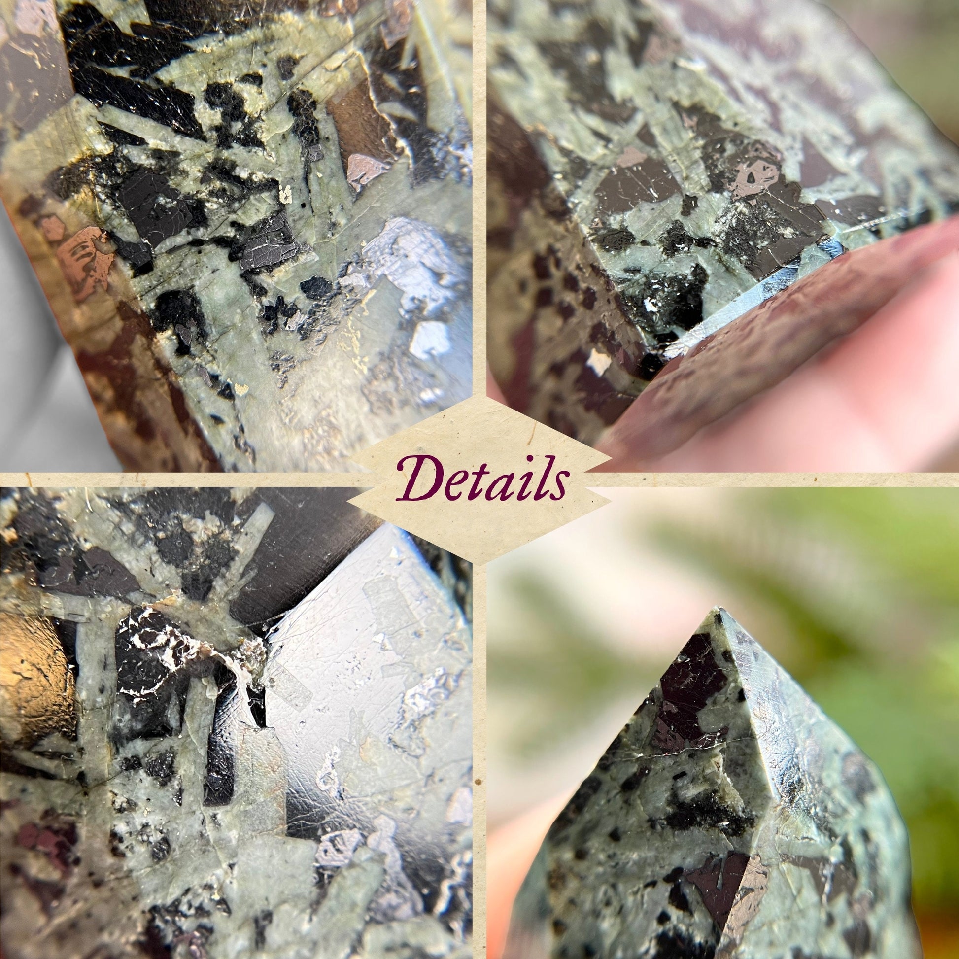 Green and Black Galaxy Jasper natural freeform carved and polished tower