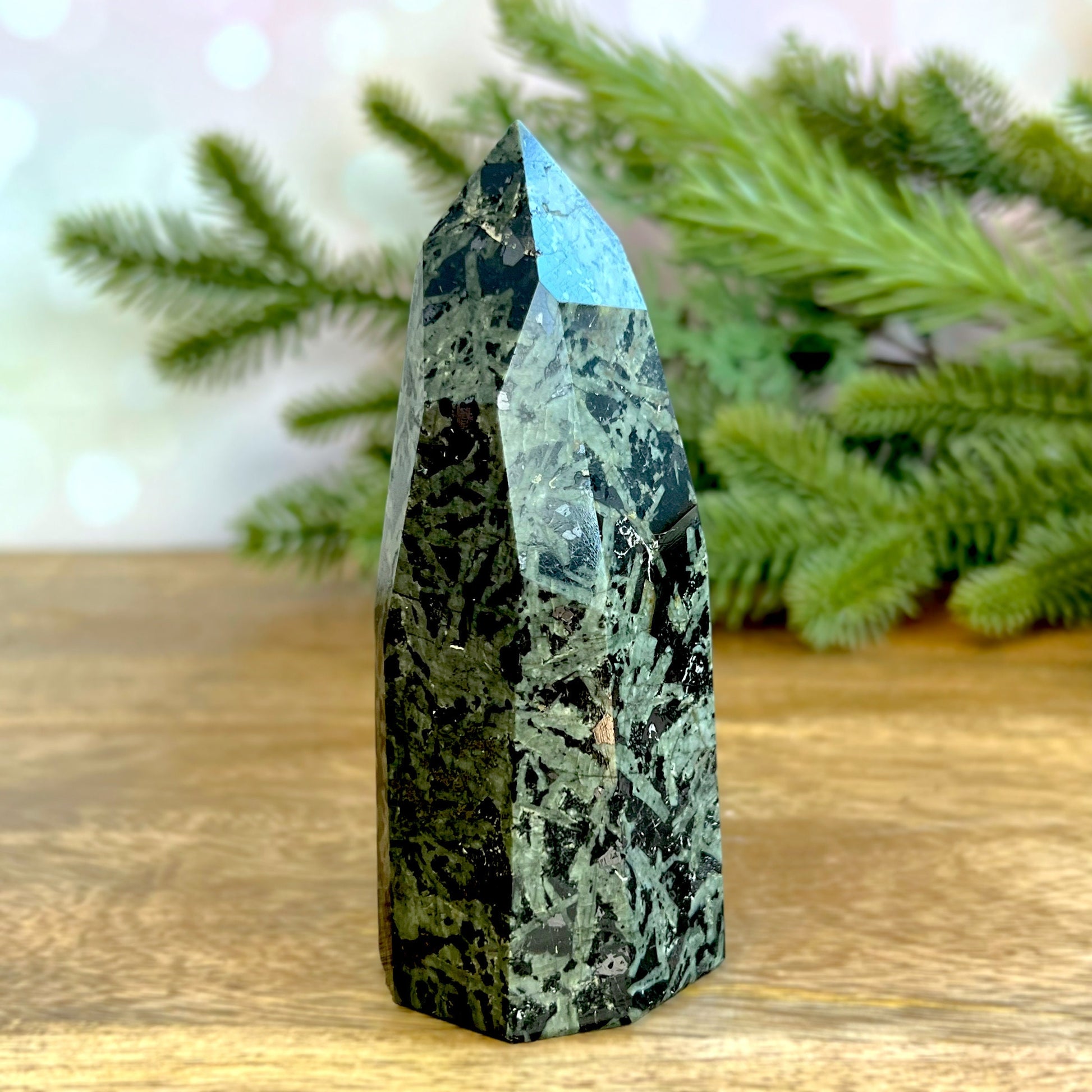 Green and Black Galaxy Jasper natural freeform carved and polished tower