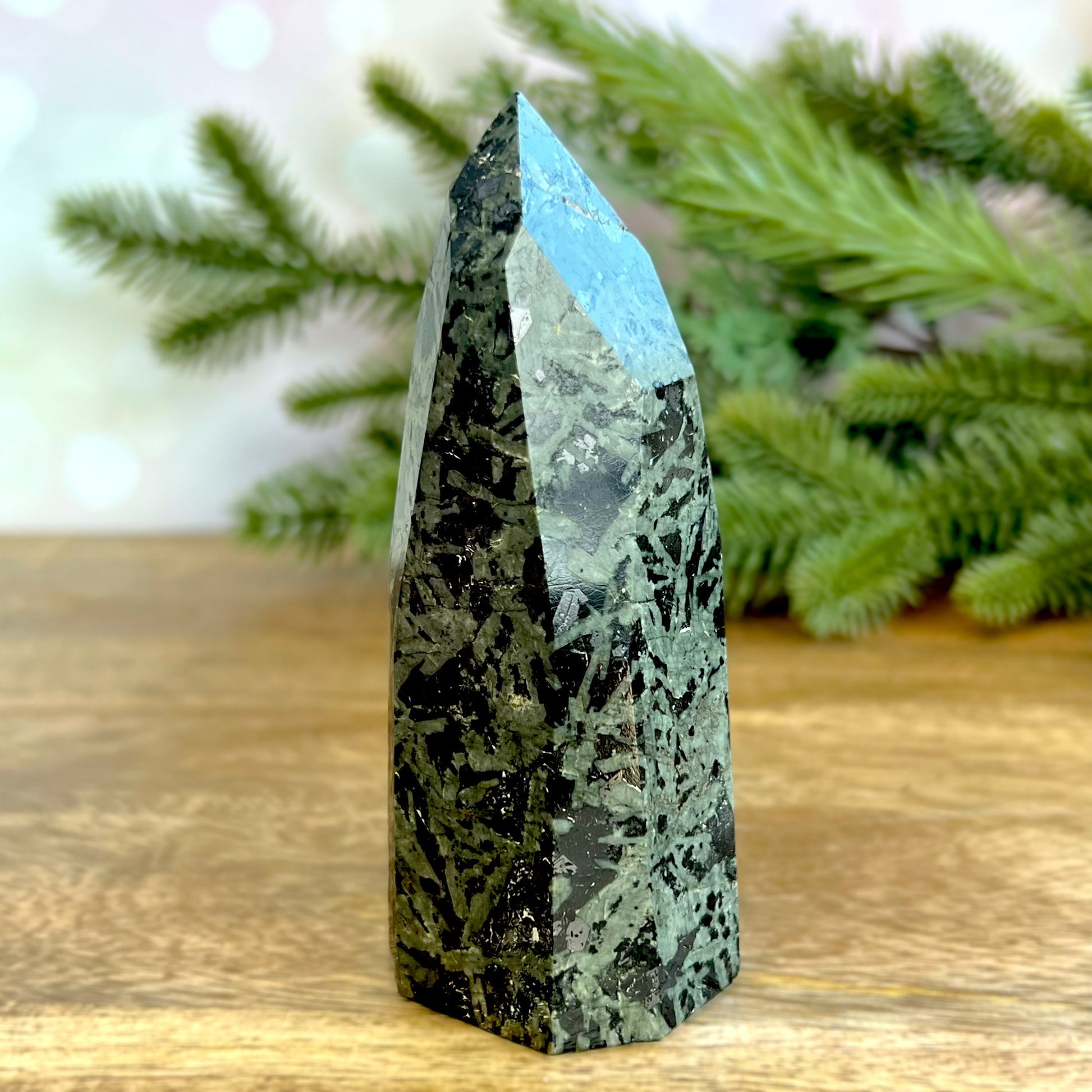 Green and Black Galaxy Jasper natural freeform carved and polished tower