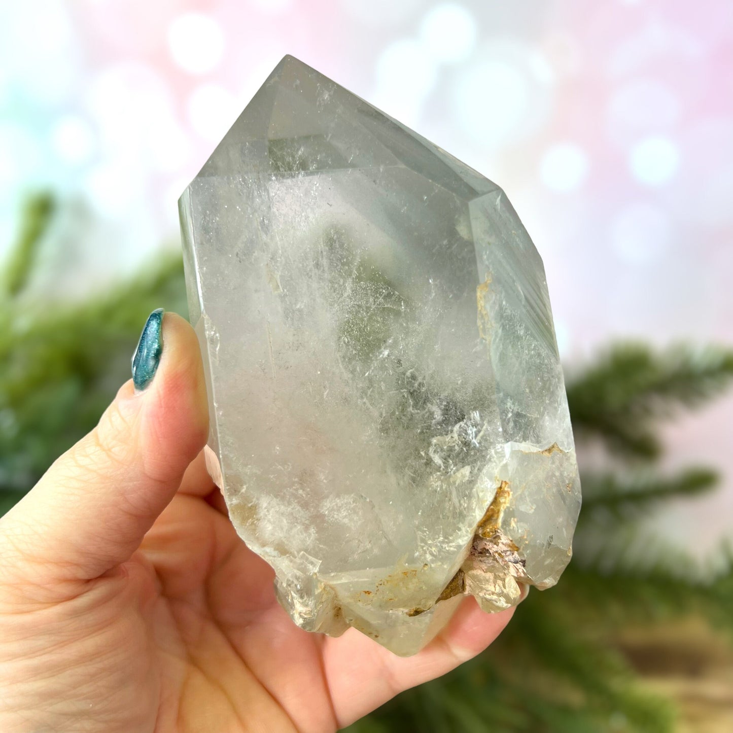 Polished Lodolite Garden Quartz with a raw bottom, from Brazil.