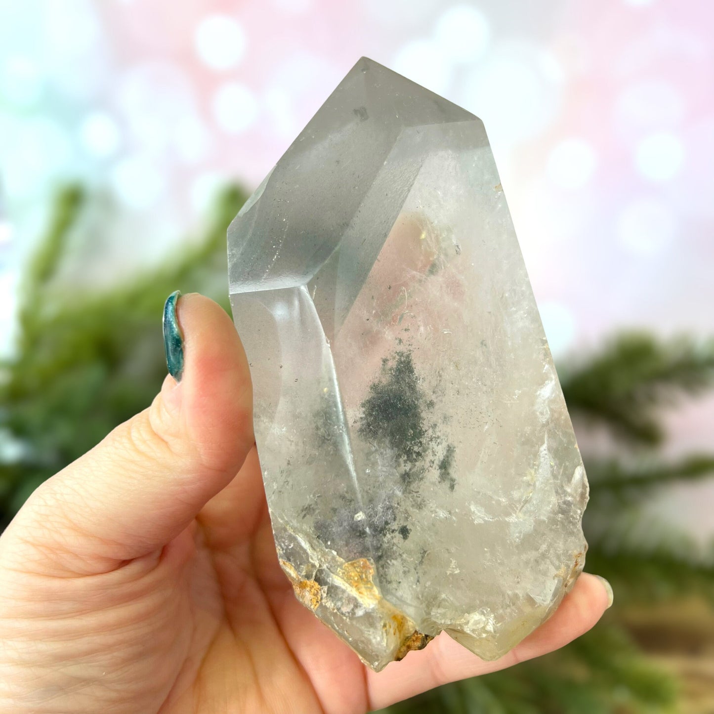 Polished Lodolite Garden Quartz with a raw bottom, from Brazil.