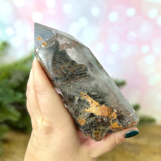 Polished Lodolite Garden Quartz with a raw bottom, from Brazil.