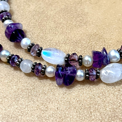 Amethyst, Rainbow Moonstone, & Pearl Vintage Beaded 925 Sterling Silver Necklace