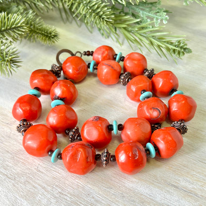 Bamboo Coral, Turquoise, & Copper Beaded Vintage Necklace