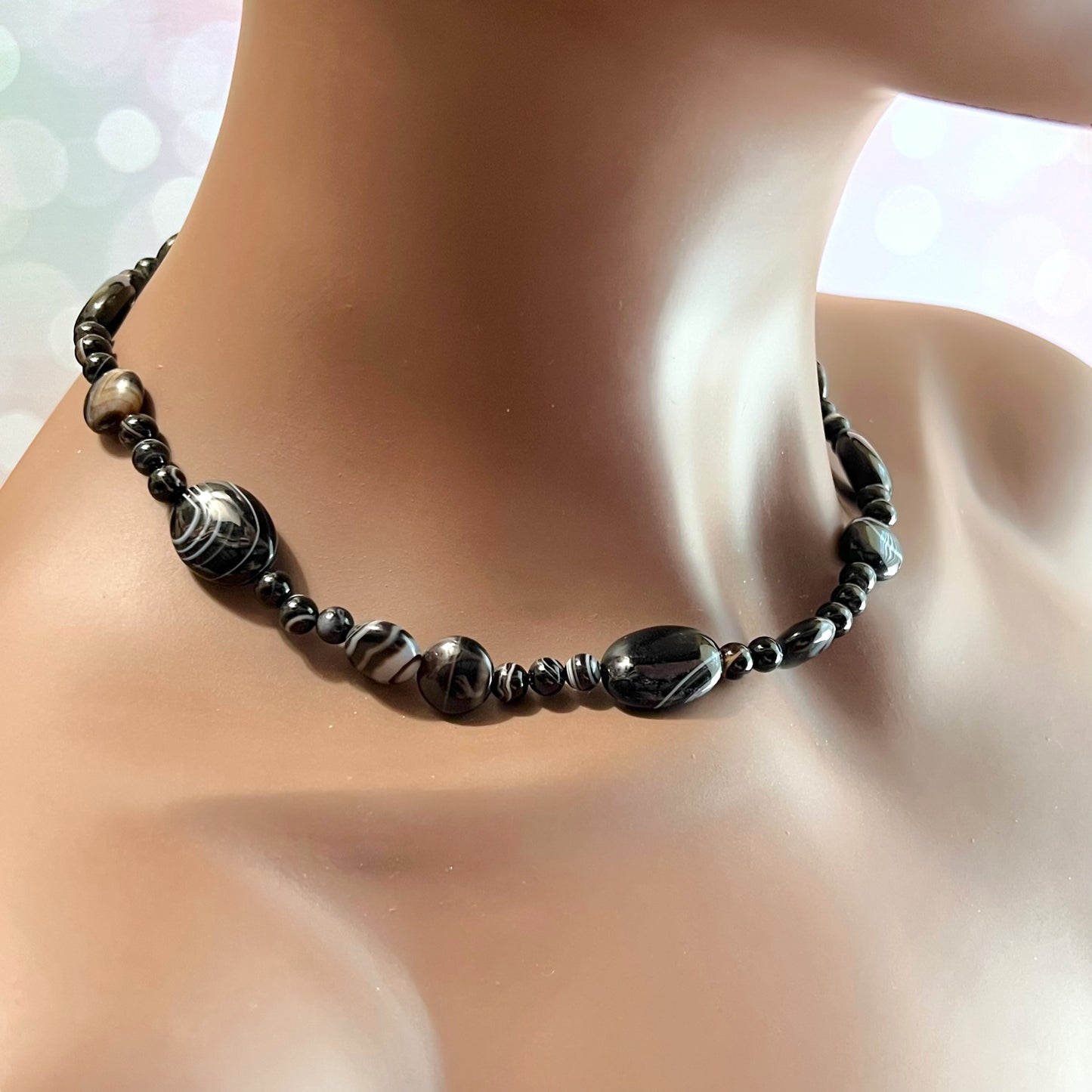 Black Agate Chalcedony Beaded Necklace