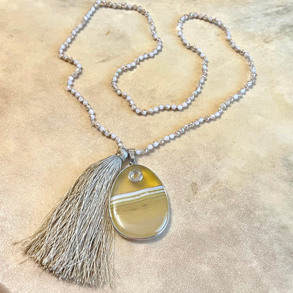 Yellow Agate Faceted Glass Beaded Necklace with Gold Tassel
