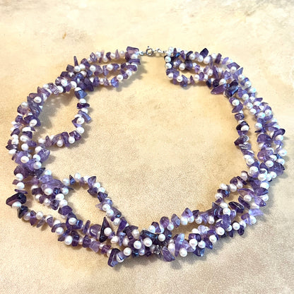 Amethyst & Pearl Vintage Multi Strand Beaded Necklace