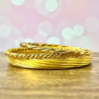 Vintage Bright Gold Tone Bracelet Stack of 3 Woven Textured Bangles