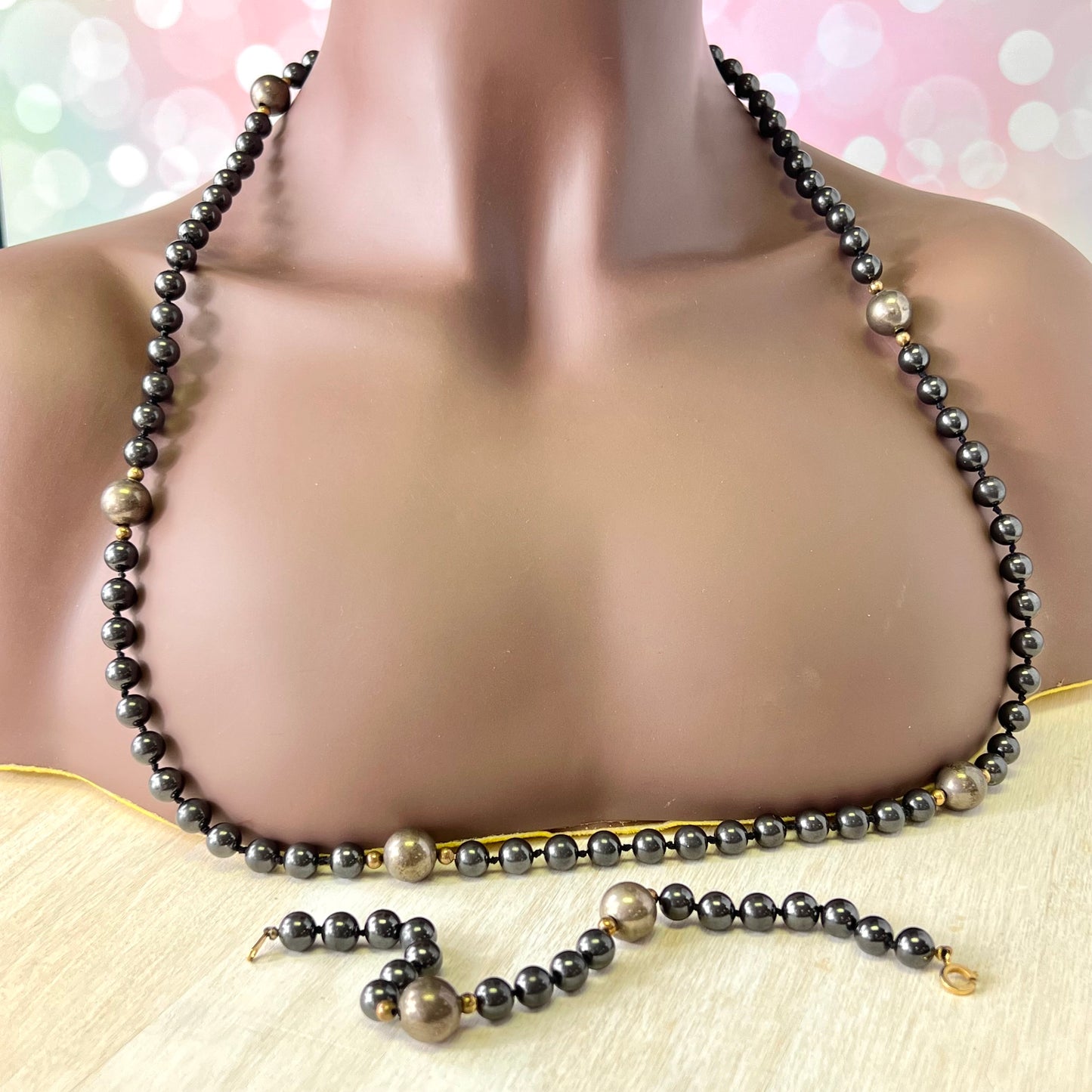 Vintage Hematite and Pyrite Black Hand Knotted Jewelry Set - Necklace and Bracelet