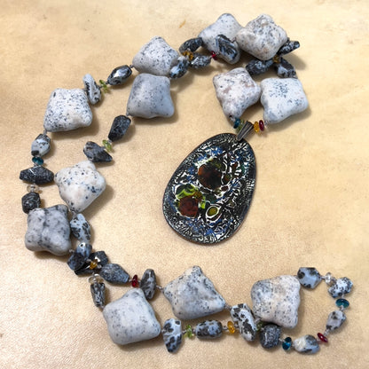 Artisan Handmade Agate & Stone Necklace with Enameled Metal Pendant