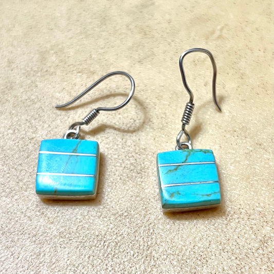 Turquoise Inlay Sterling Silver Vintage Pierced Hook Earrings