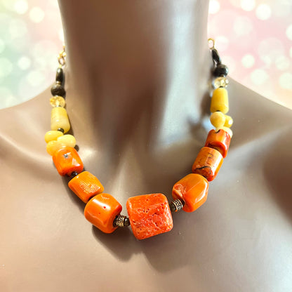 Coral, Citrine, Bronzite, & Aventurine Vintage Beaded Necklace by Barse