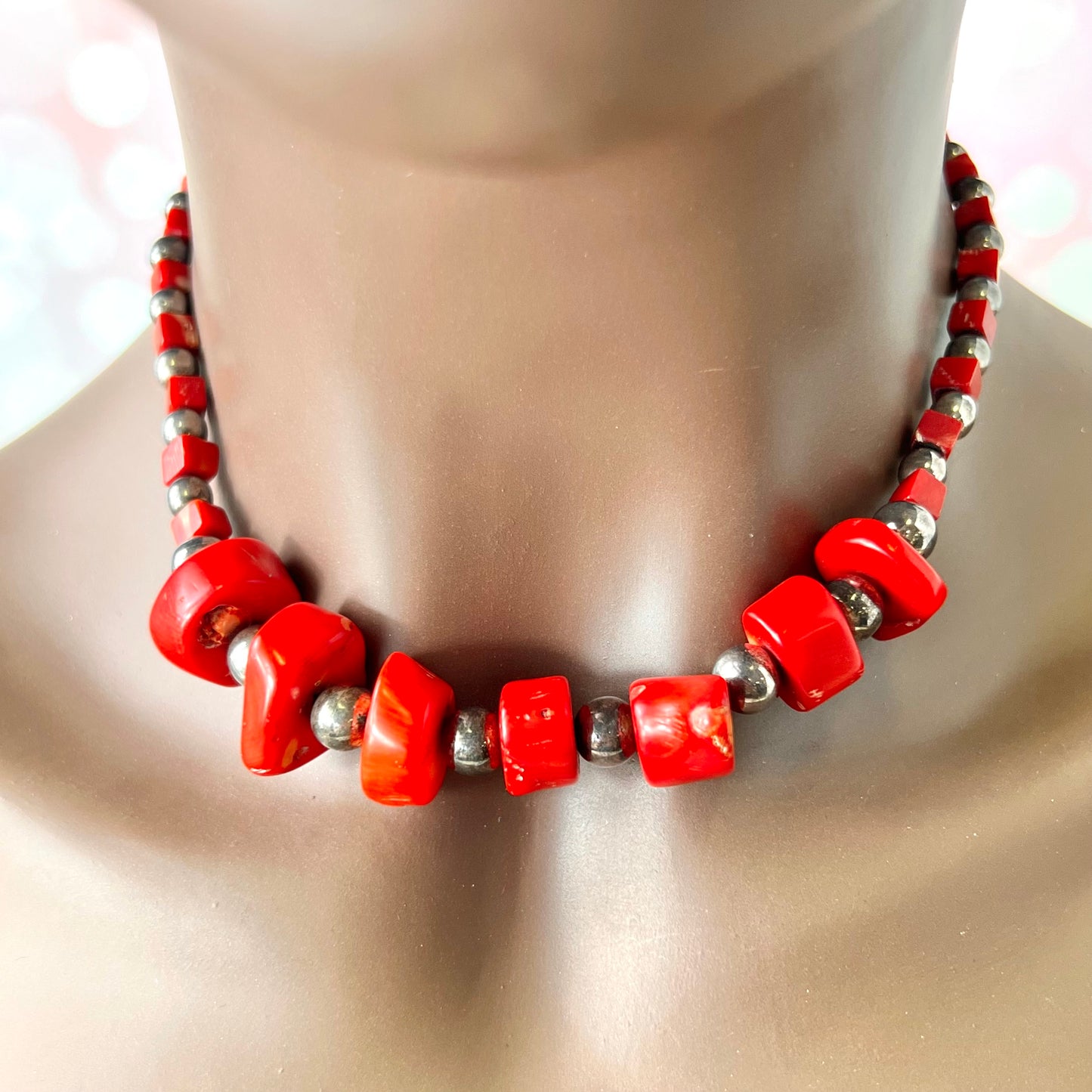 Bamboo Coral Beaded Vintage Necklace with 925 Sterling Silver Toggle Clasp