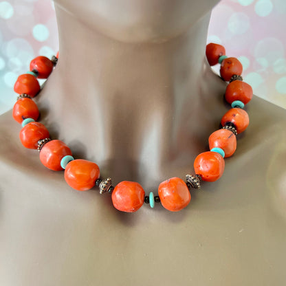 Bamboo Coral, Turquoise, & Copper Beaded Vintage Necklace